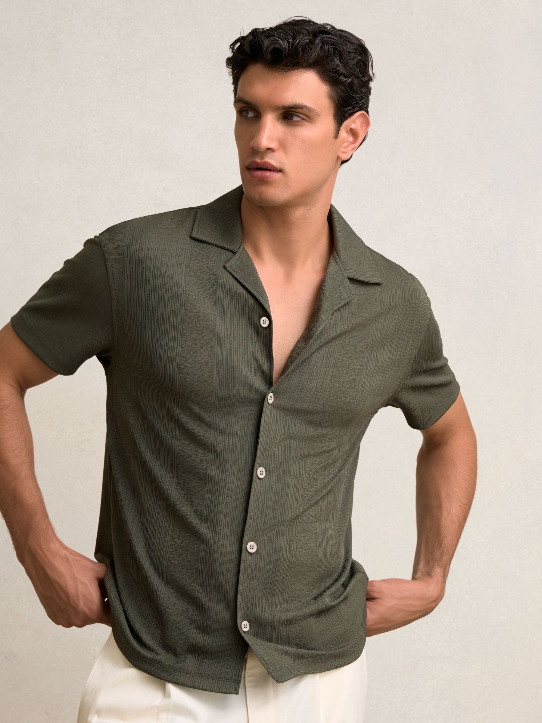 Jacquard-Stripe Cuban-Collar Shirt in Dark Green - Image 1 of 6 Jacquard-Stripe Cuban-Collar Shirt in Dark Green - Image 1 of 6