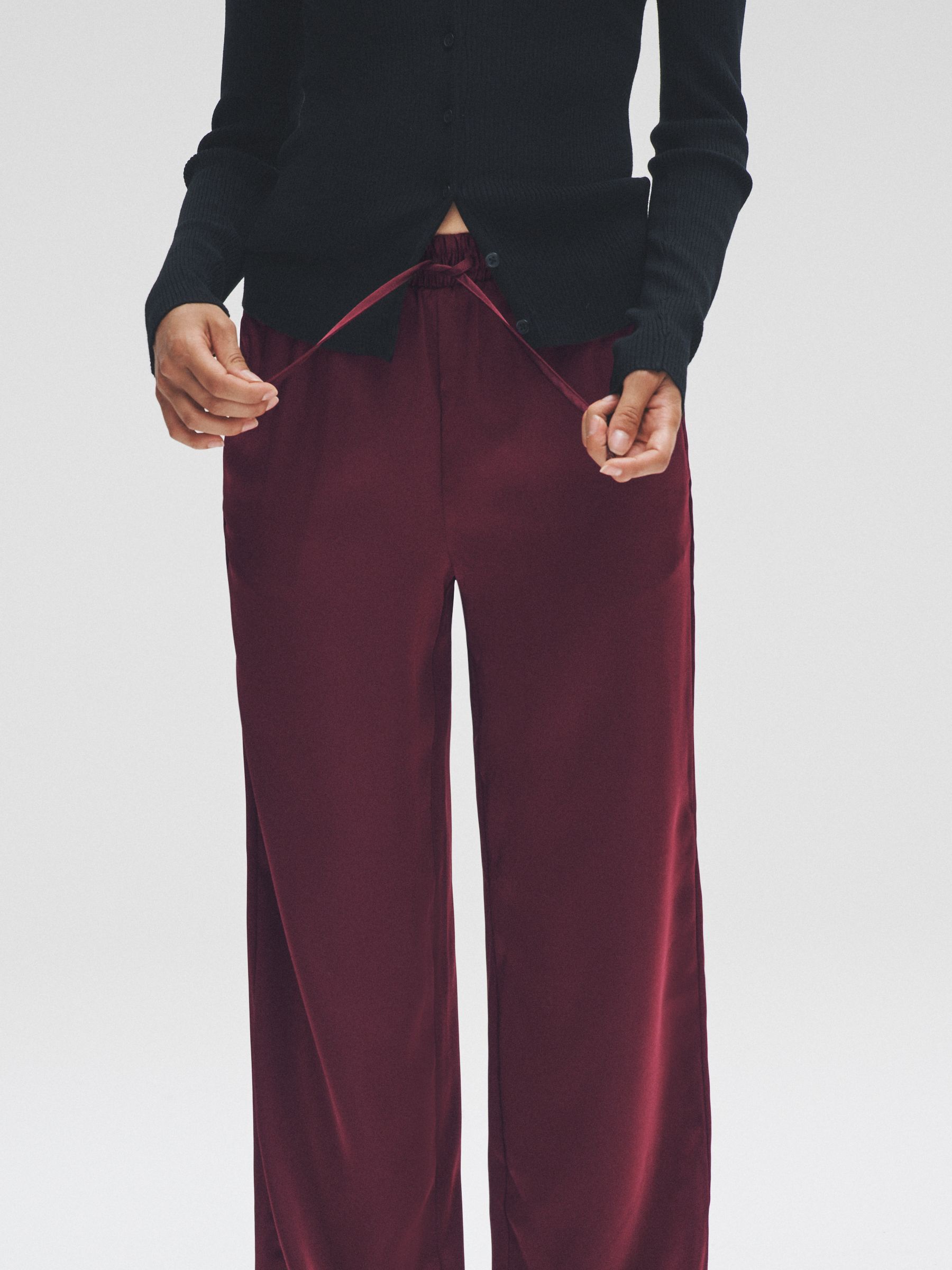 Black/Burgundy Red - 2 Pack Satin Wide Leg Pull On Trousers - Image 8 of 12