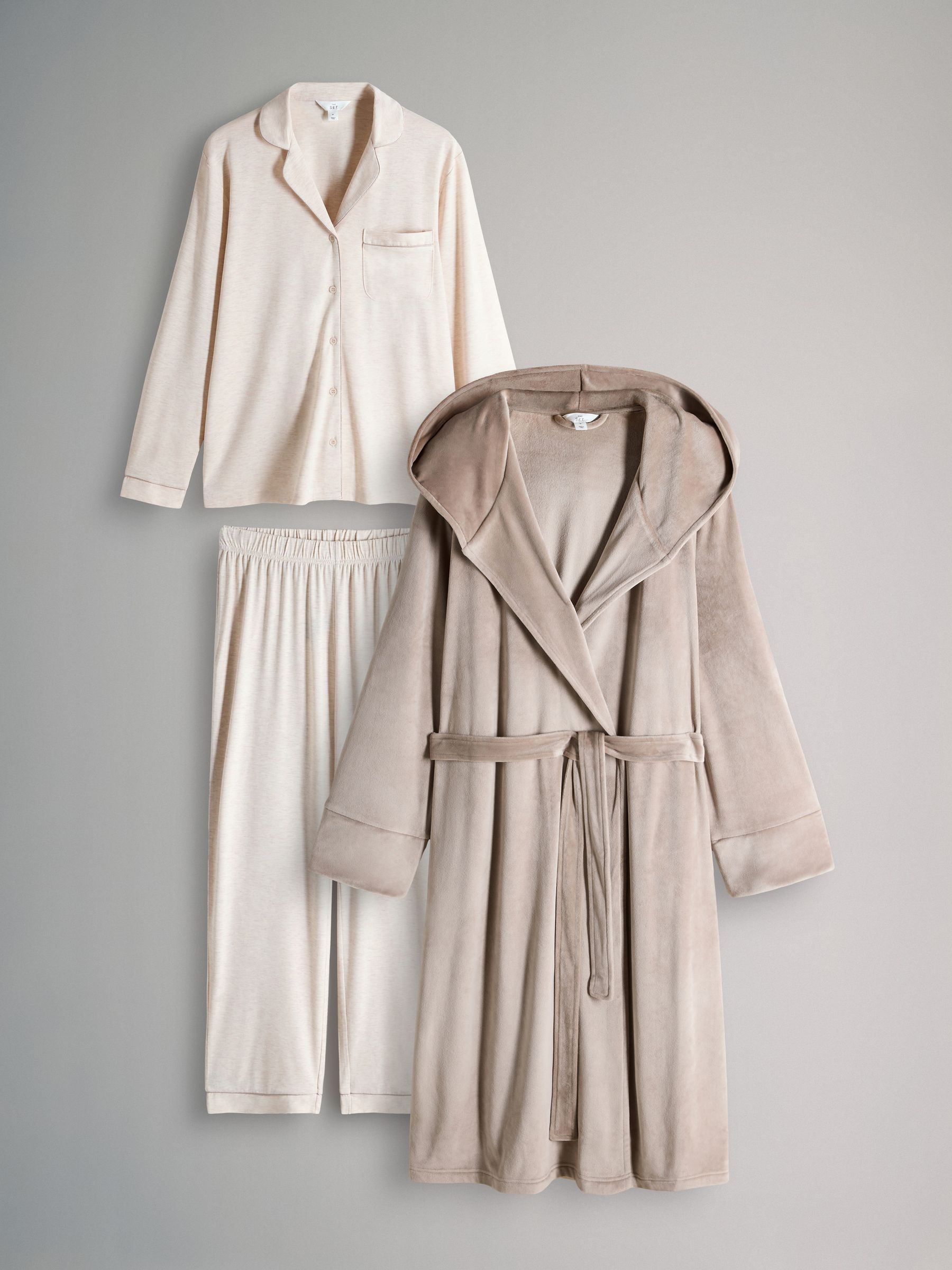 Oatmeal - 2 Pack Viscose Blend Dressing Gown and Button Through Long Pyjamas with Piping - Image 1 of 5 Oatmeal - 2 Pack Viscose Blend Dressing Gown and Button Through Long Pyjamas with Piping - Image 1 of 5