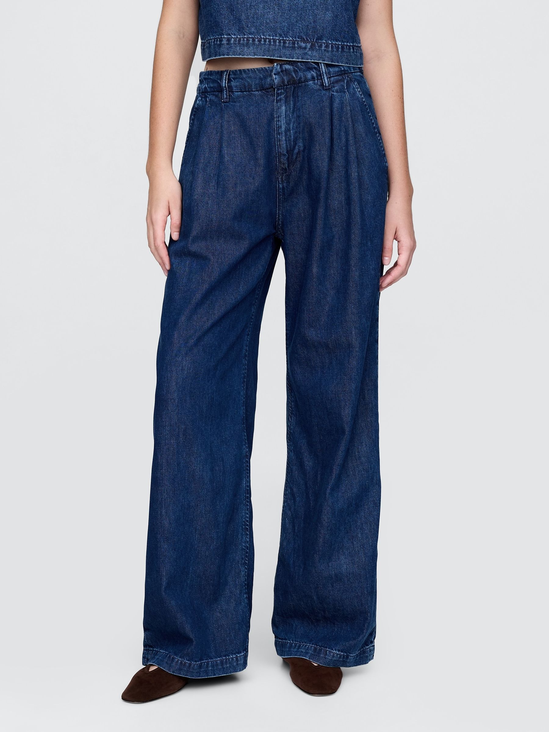 Dark Indigo Blue 365 High Waisted UltraSoft Denim Pleated Trousers - Image 3 of 5