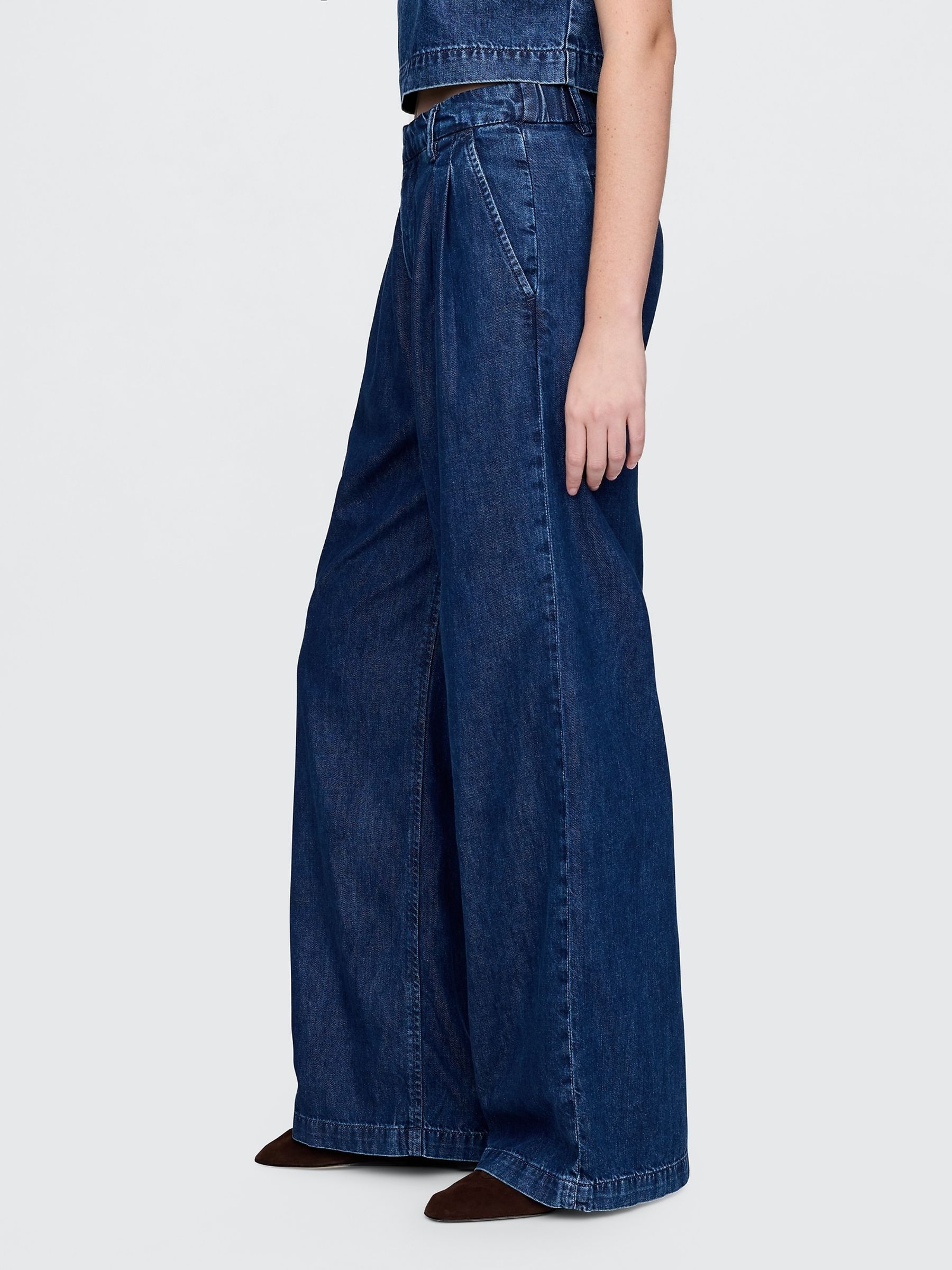 Dark Indigo Blue 365 High Waisted UltraSoft Denim Pleated Trousers - Image 4 of 5
