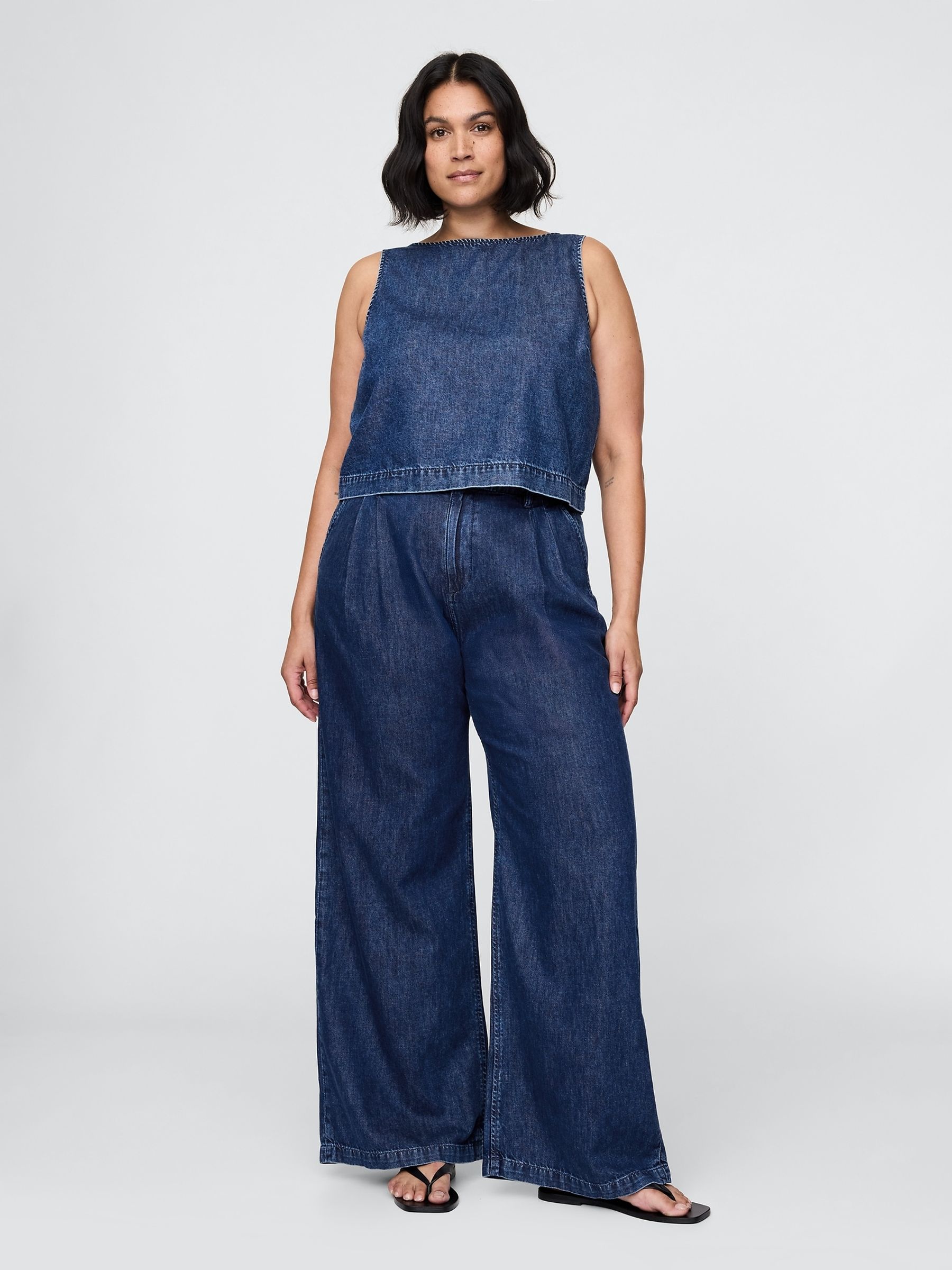 Dark Indigo Blue 365 High Waisted UltraSoft Denim Pleated Trousers - Image 5 of 5