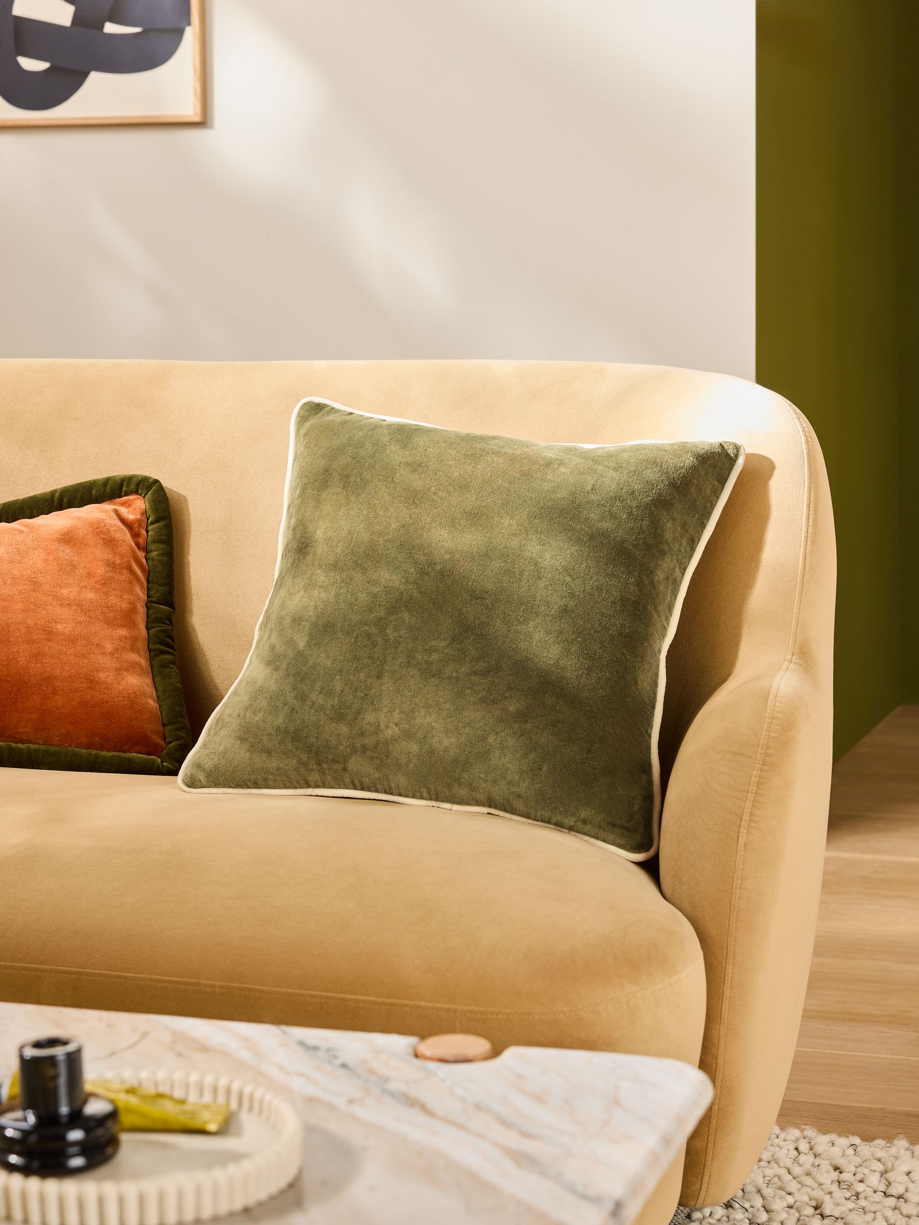 Bailey Cotton Velvet Piped Cushion in Khaki Green - Image 1 of 4