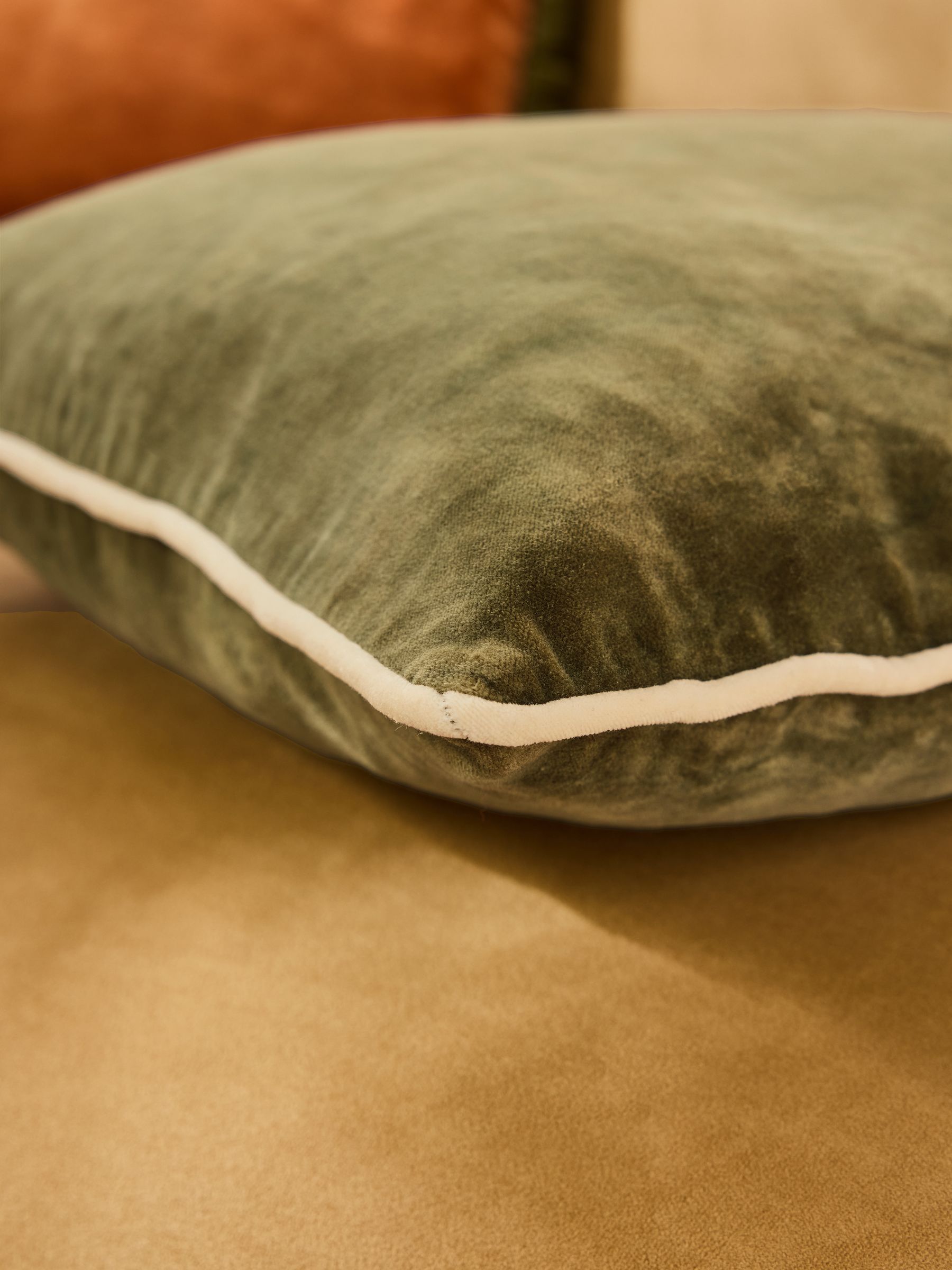 Bailey Cotton Velvet Piped Cushion in Khaki Green - Image 3 of 4