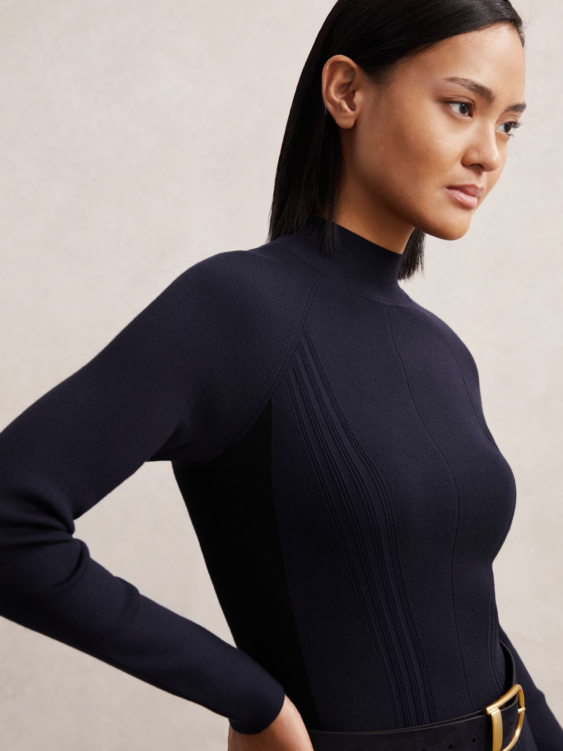 Knitted Contrast-Panel Midi Dress in Navy/Black - Image 3 of 5