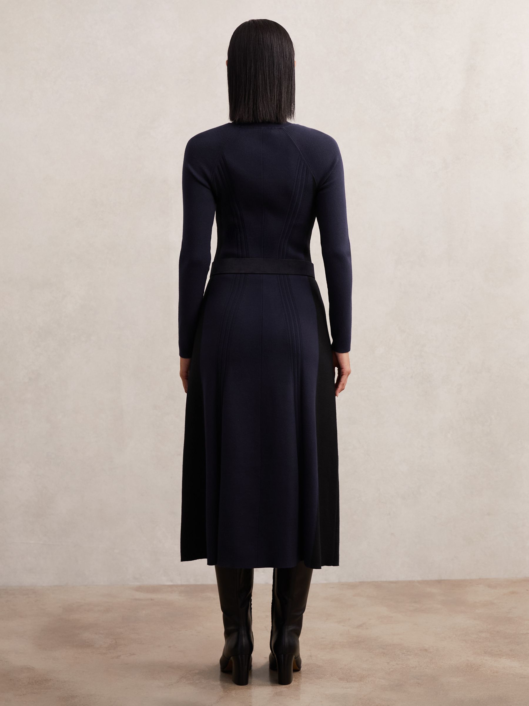 Knitted Contrast-Panel Midi Dress in Navy/Black - image 3