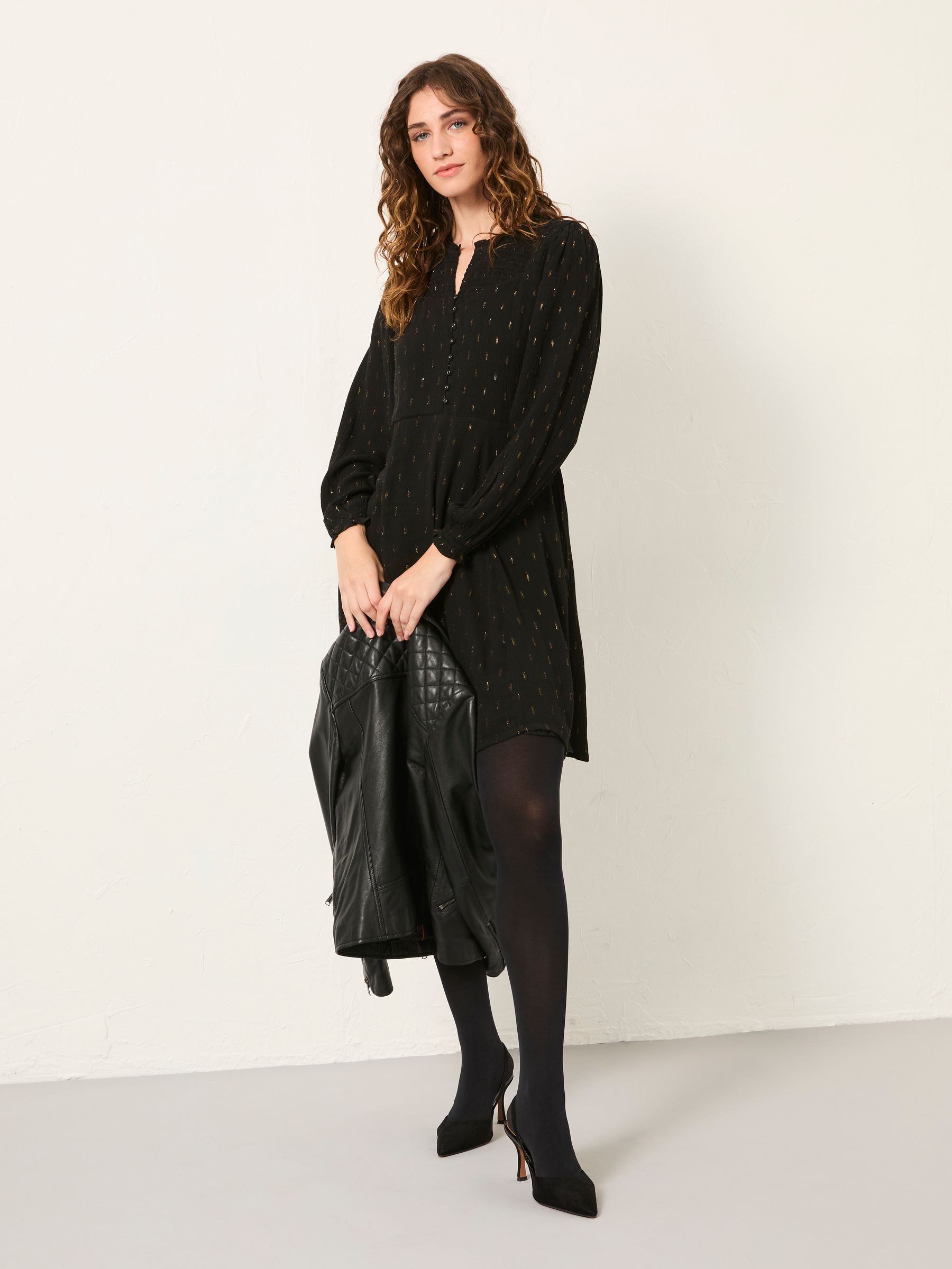 knee length dresses for ladies Hatch Collection The Daniella Metallic Knit Mini Dress in Black Copper