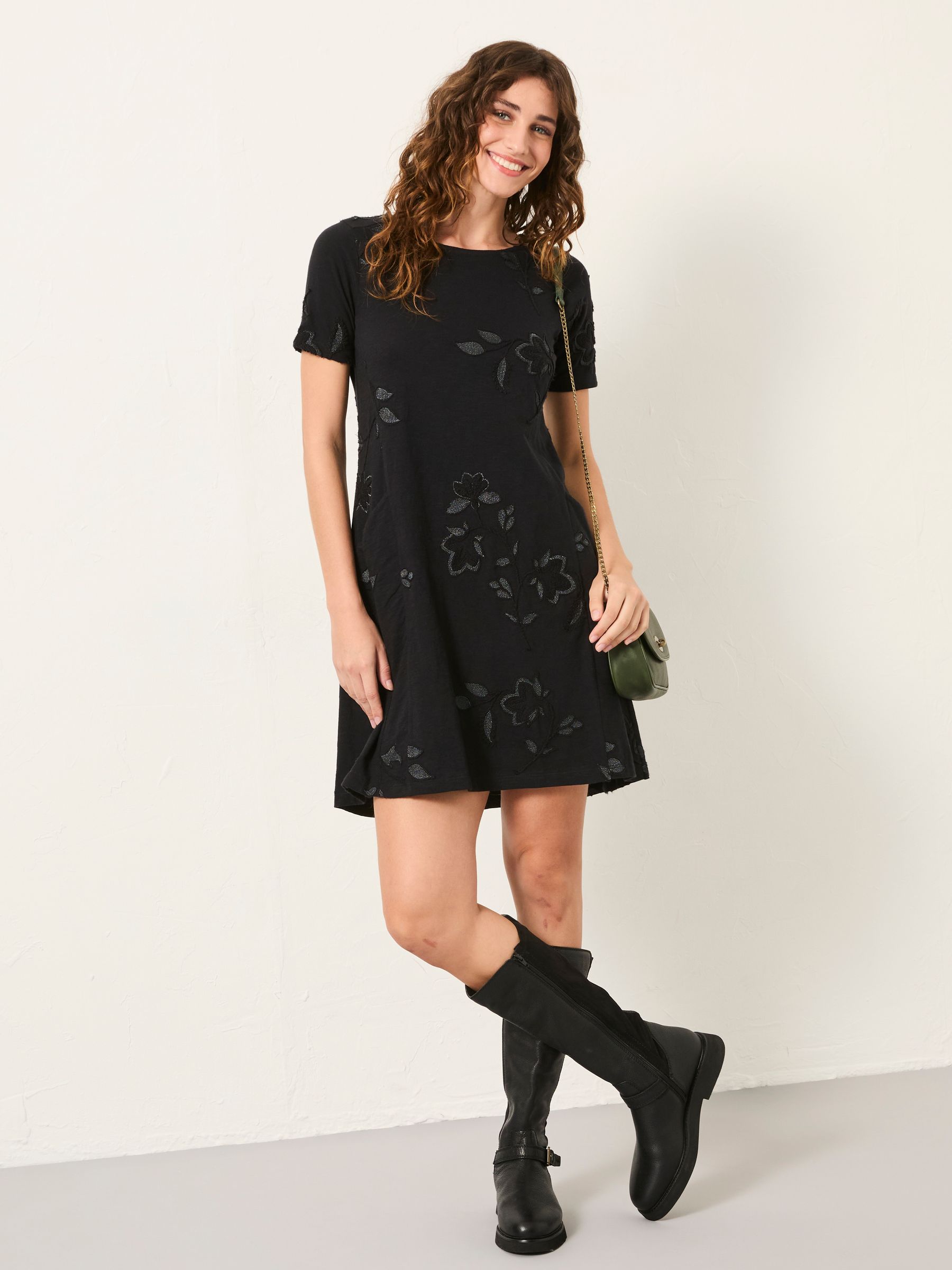 Simone Black Embroidered Jersey Petite Jersey Mini Dress | FatFace