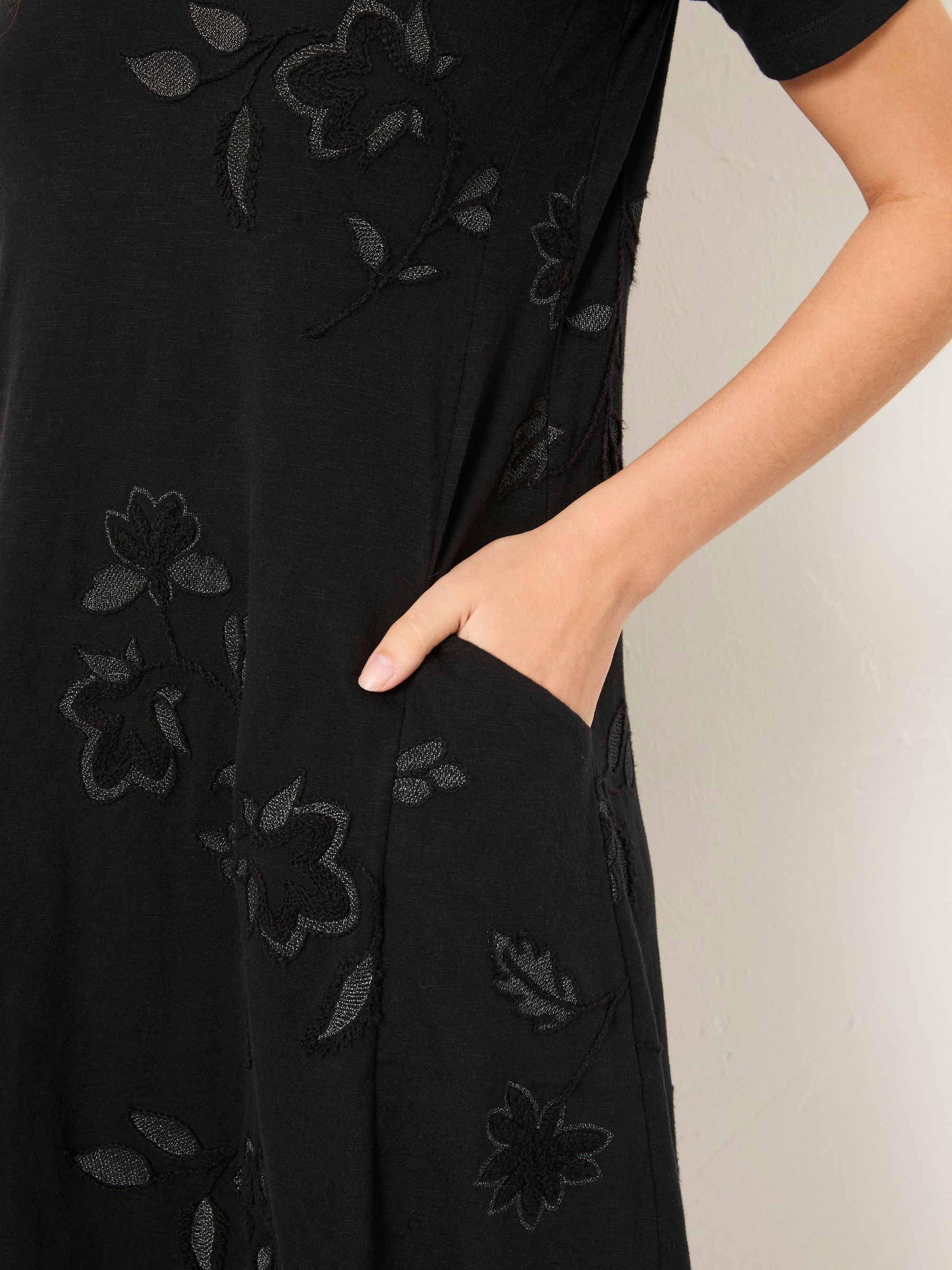 Simone Black Embroidered Jersey Petite Jersey Mini Dress | FatFace Simone Black Embroidered Jersey Petite Jersey Mini Dress | FatFace