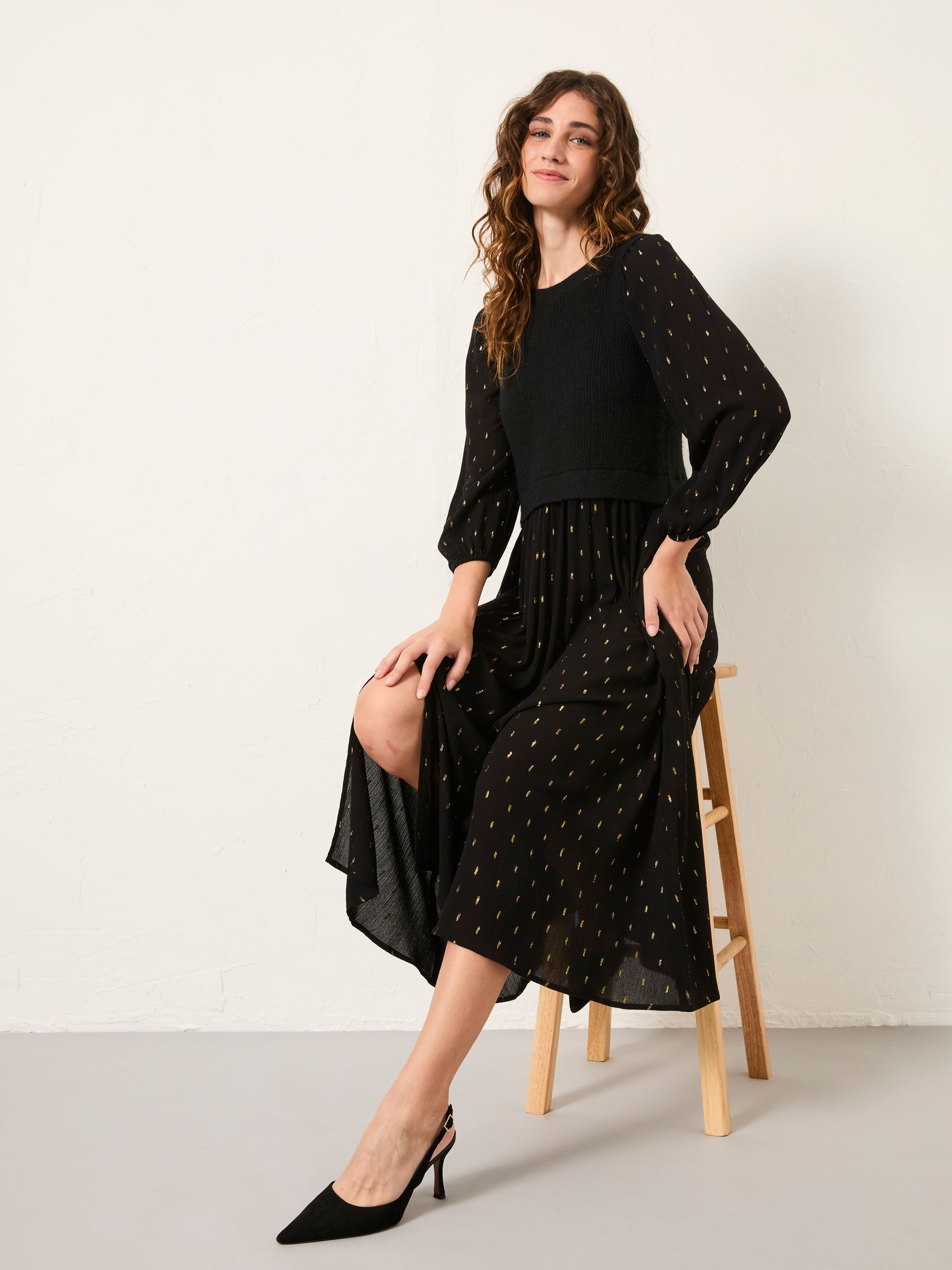 Laura Black Petite in Metallic Midi Dress FatFace