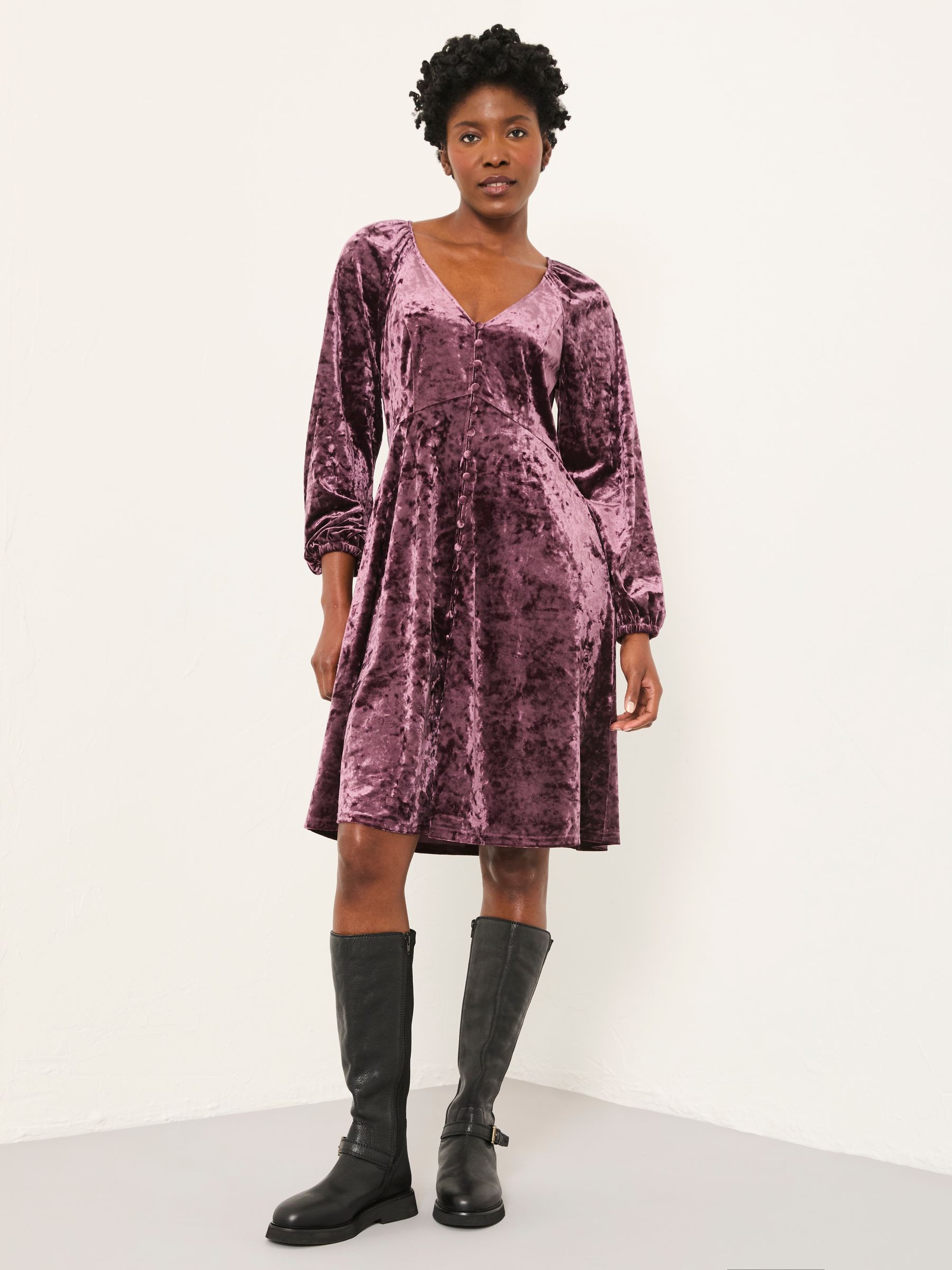 Em Dark Purple Petite Velvet Mini Dress | FatFace USA
