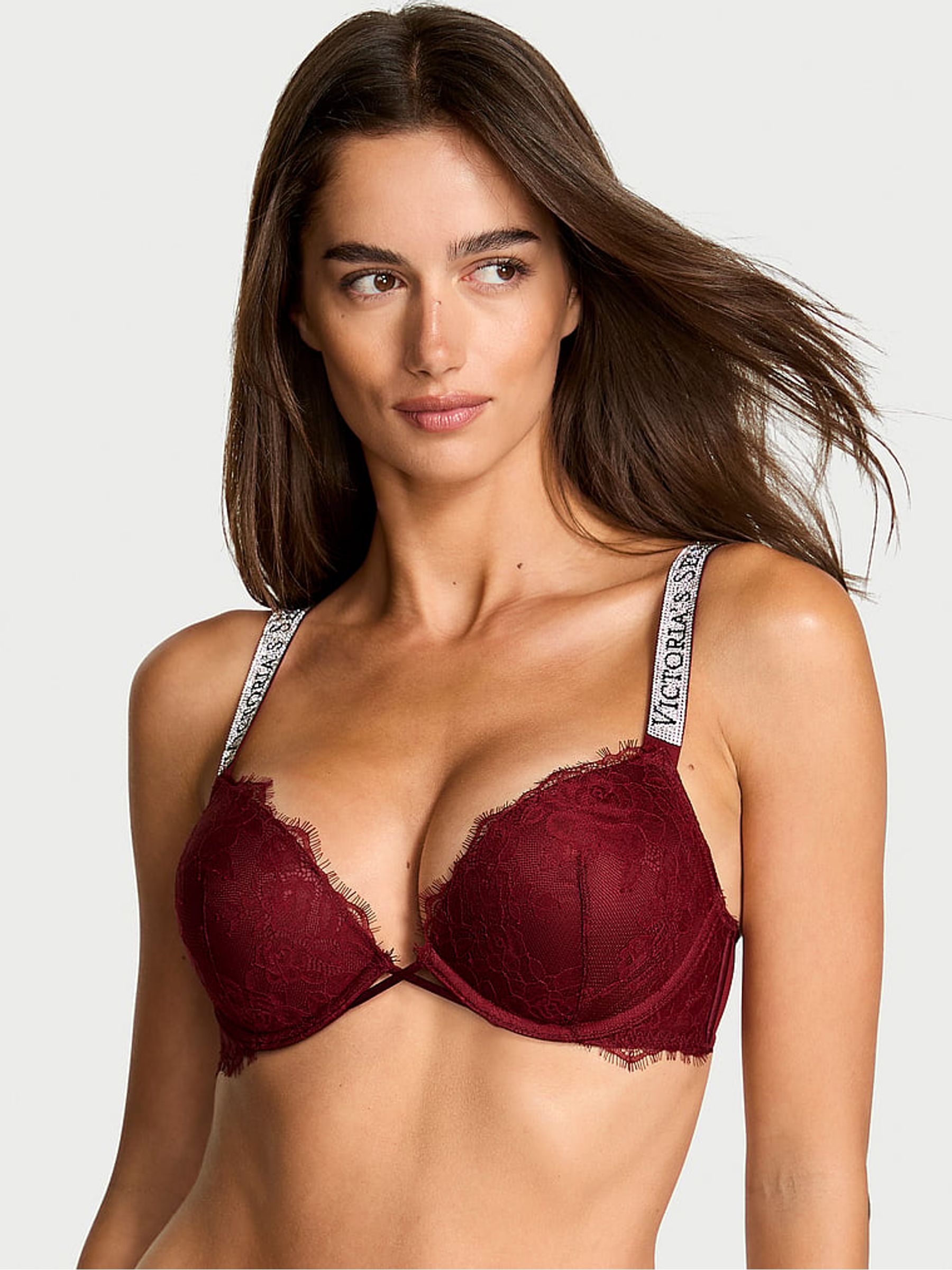 Sangria Red Add 2 Cups Push Up Bombshell Lace Shine Strap Bra - Image 1 of 4