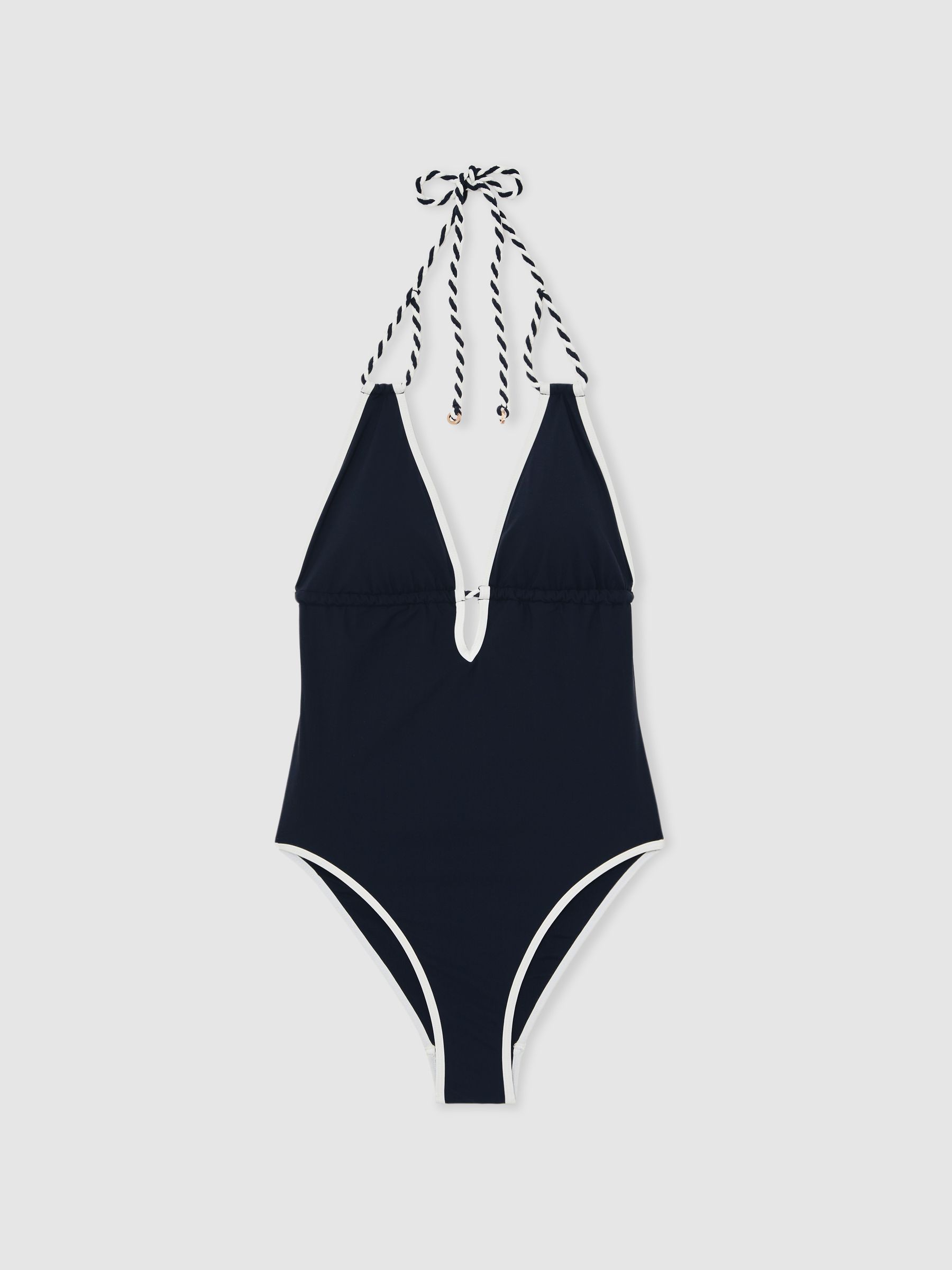 Contrast-Trim Plunge-Neck Swimsuit in Navy/White - Image 2 of 6