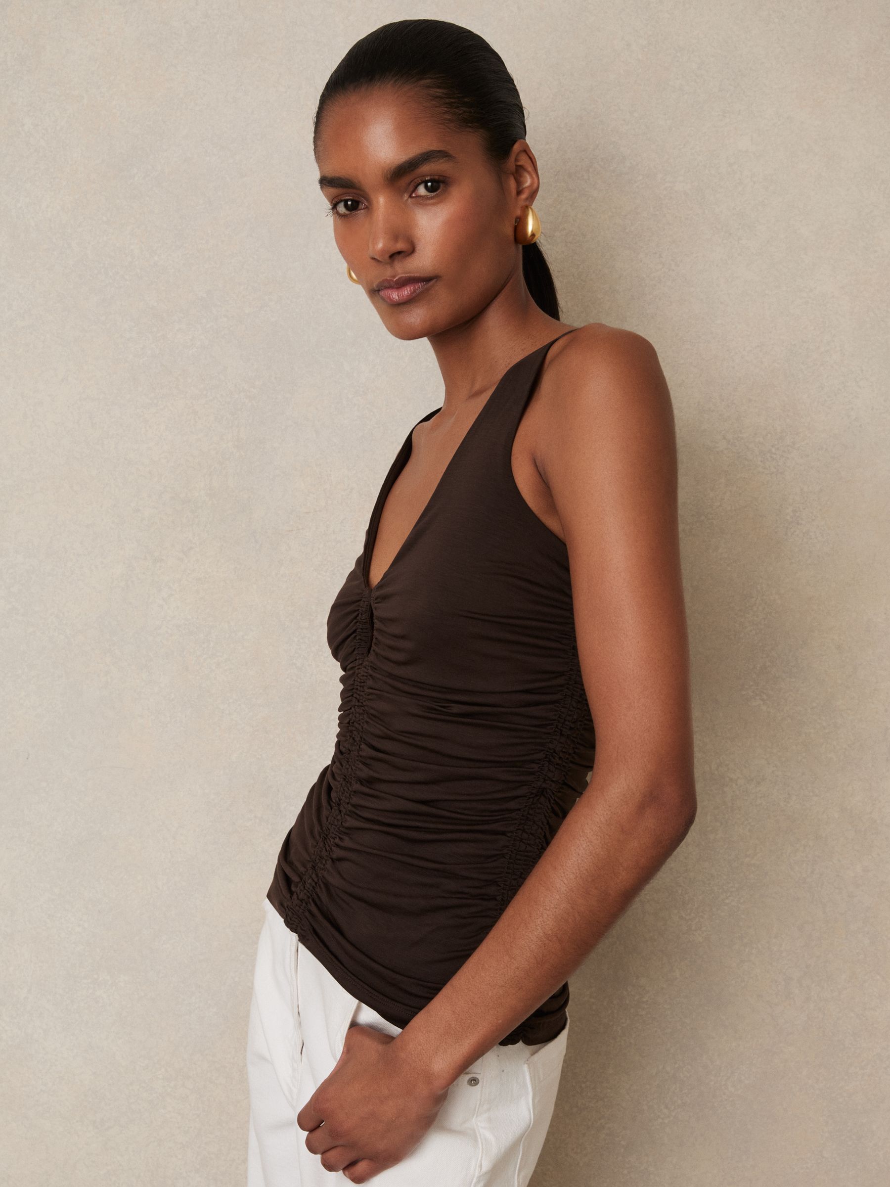 Stretch-Lyocell Jersey Ruched Vest in Chocolate Brown - image 4