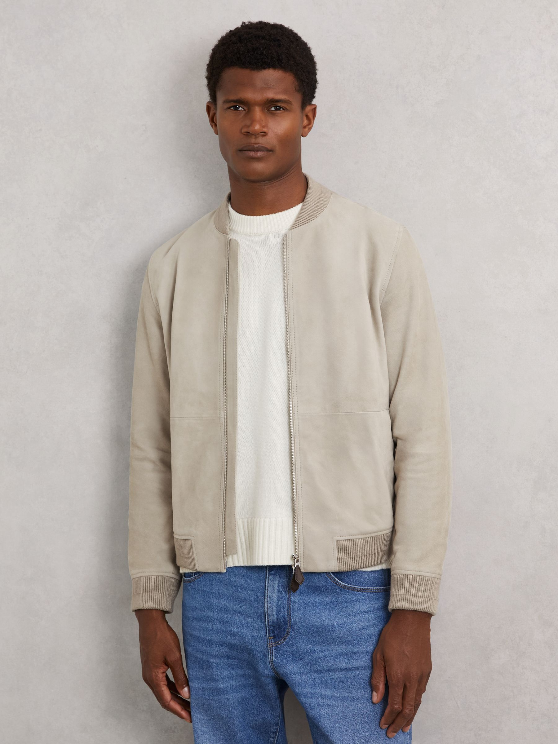 Suede Zip-Through Bomber Jacket in Grey - Image 1 of 6 Suede Zip-Through Bomber Jacket in Grey - Image 1 of 6