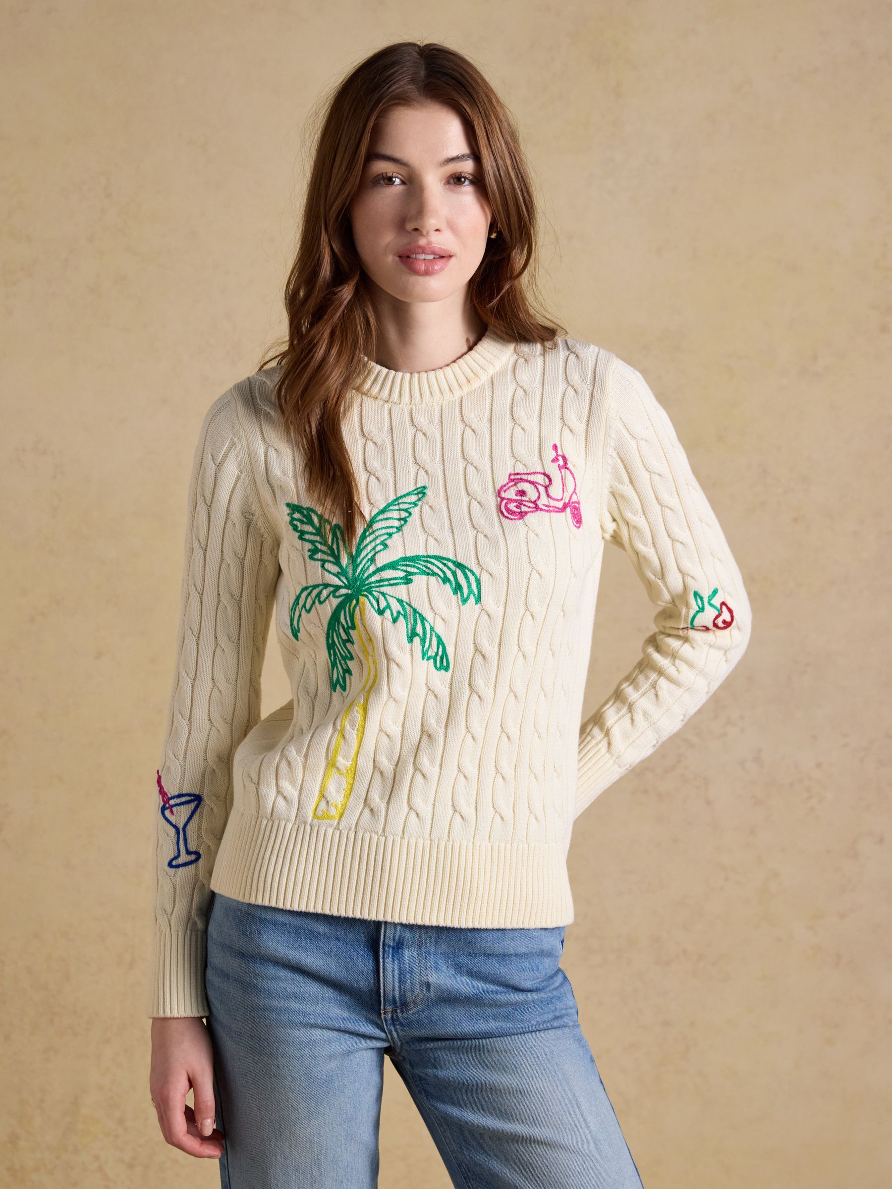Embroidered Cream Classic Crew Neck Cotton Cable Knit Jumper - Image 1 of 8