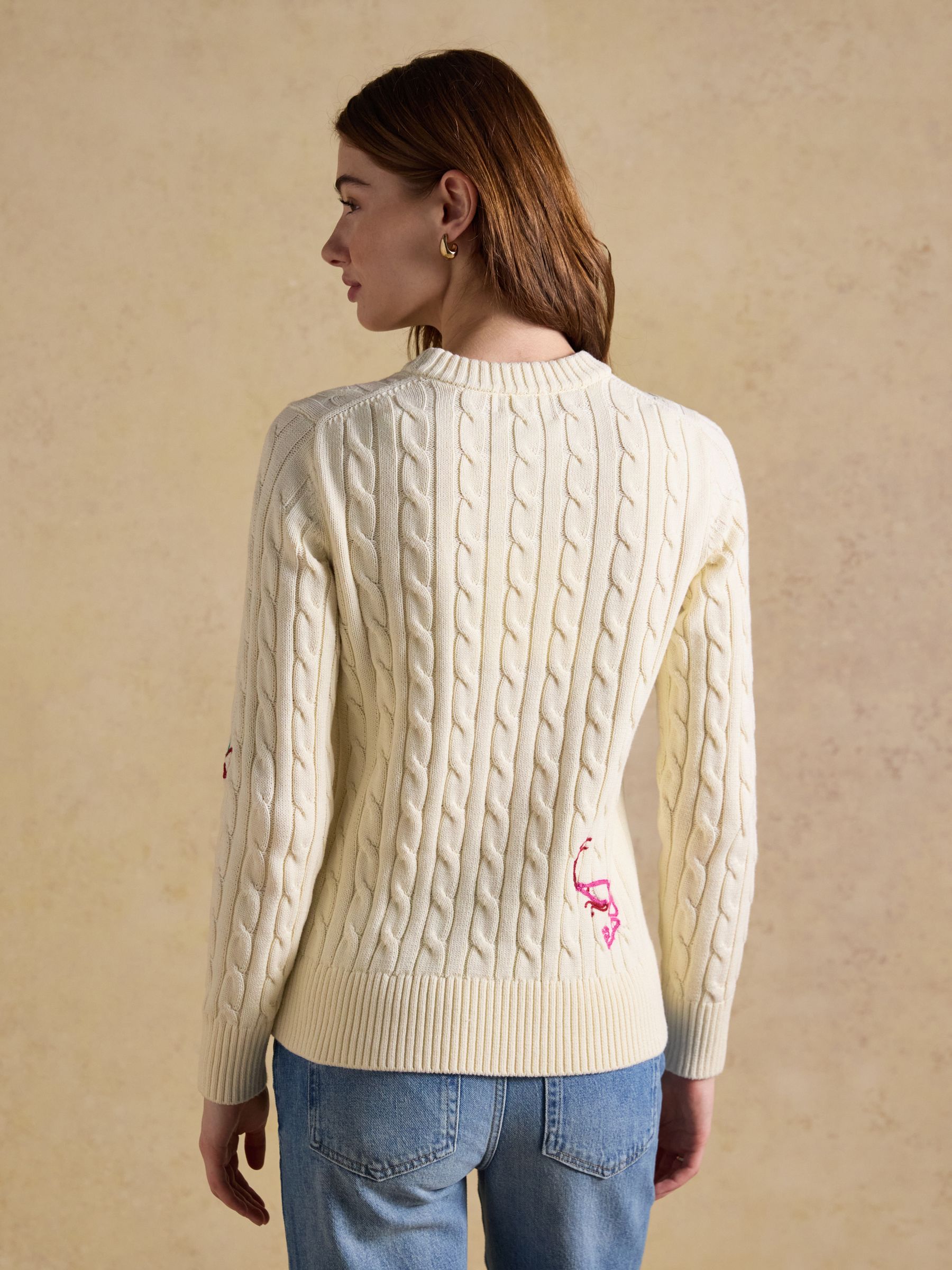 Embroidered Cream Classic Crew Neck Cotton Cable Knit Jumper - Image 2 of 8 Embroidered Cream Classic Crew Neck Cotton Cable Knit Jumper - Image 2 of 8
