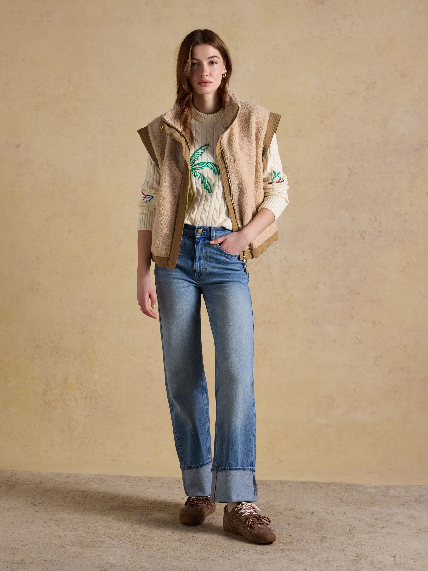 Embroidered Cream Classic Crew Neck Cotton Cable Knit Jumper - Image 3 of 8