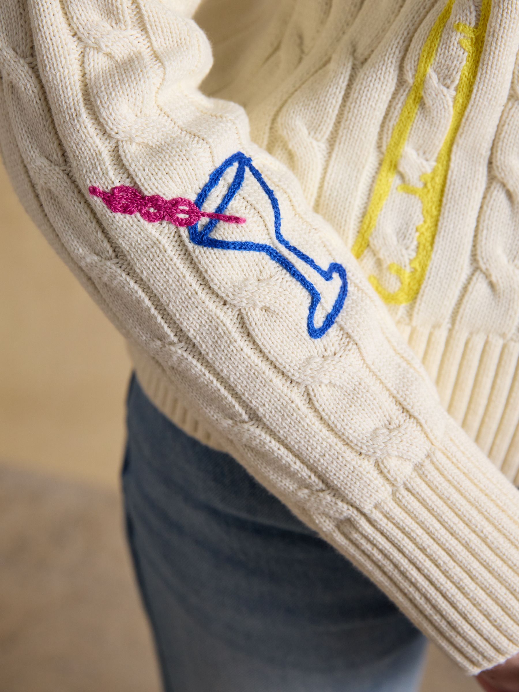 Embroidered Cream Classic Crew Neck Cotton Cable Knit Jumper - Image 4 of 8