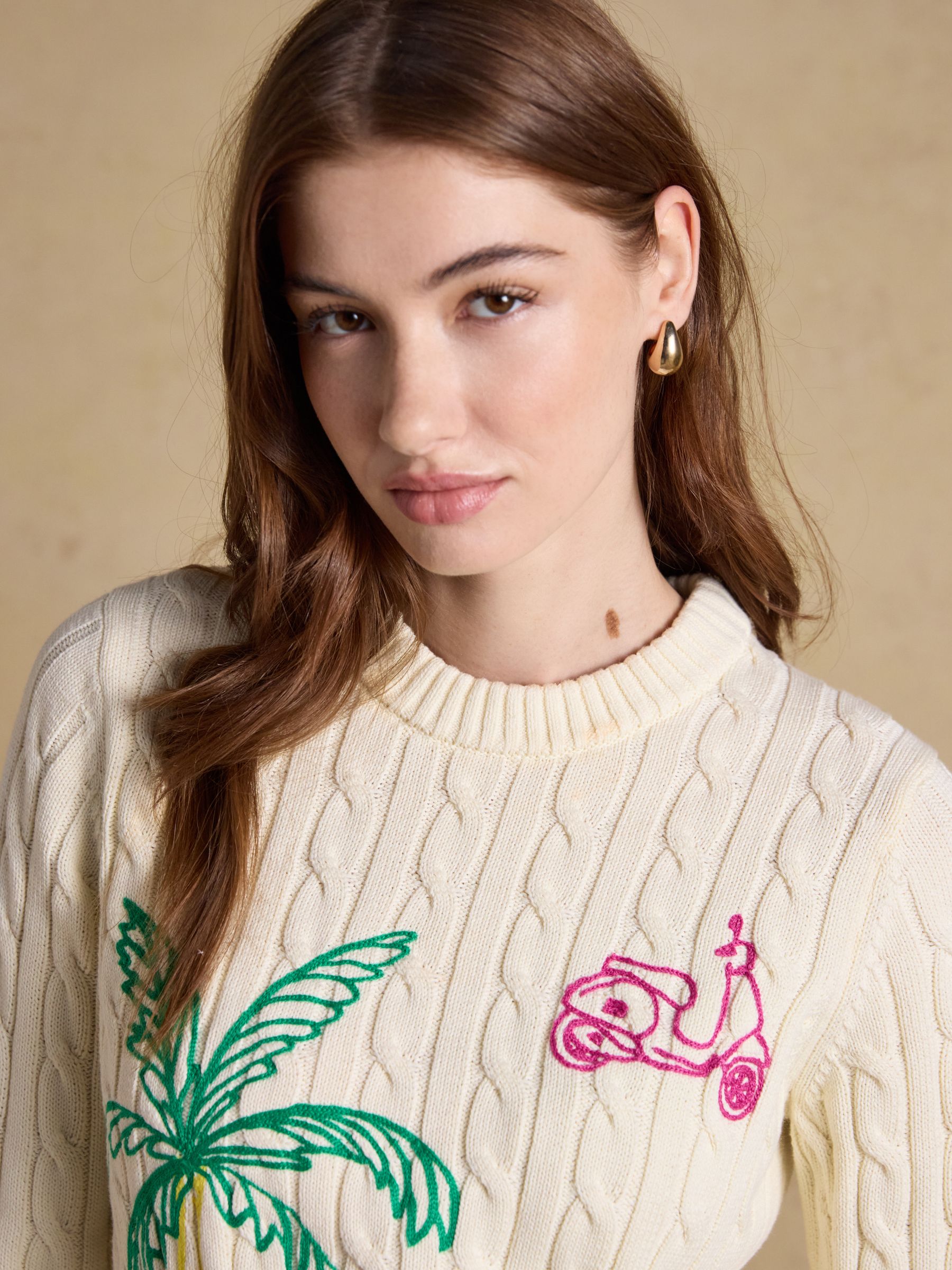 Embroidered Cream Classic Crew Neck Cotton Cable Knit Jumper - Image 5 of 8