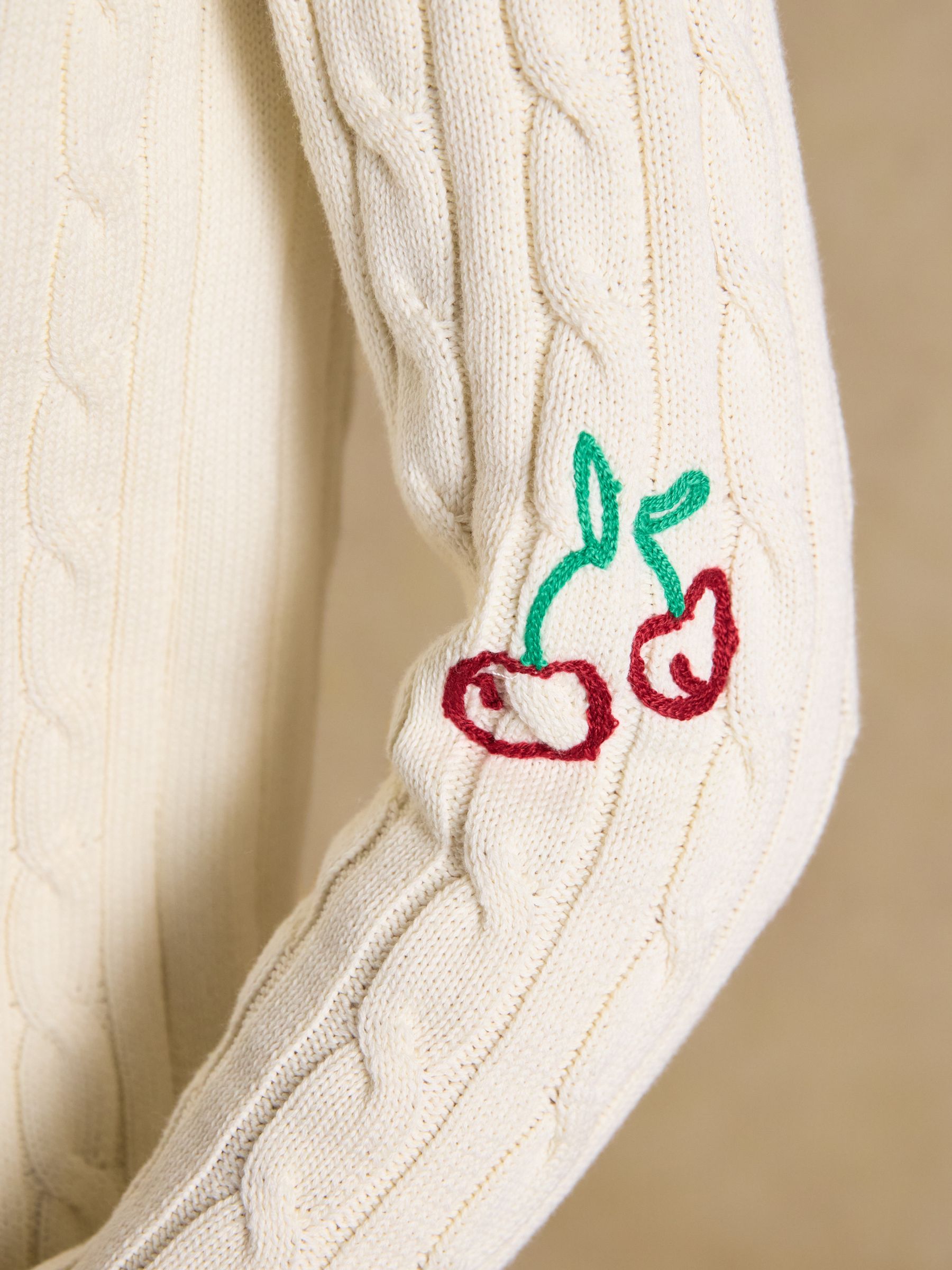 Embroidered Cream Classic Crew Neck Cotton Cable Knit Jumper - Image 6 of 8