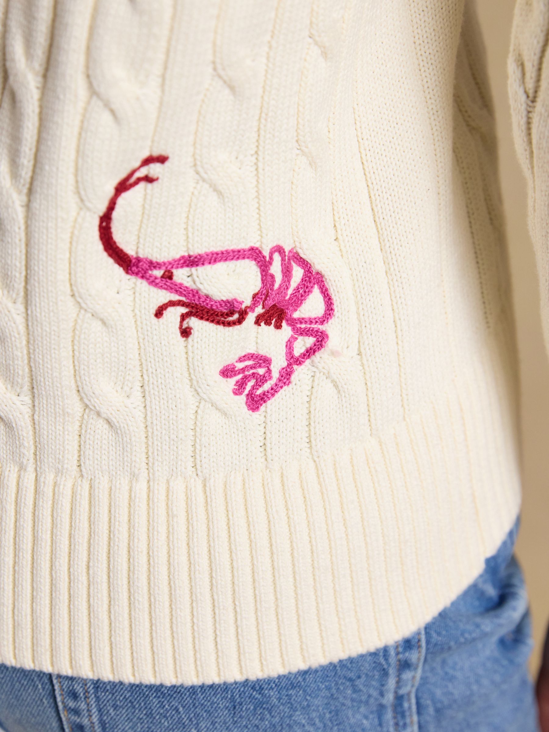 Embroidered Cream Classic Crew Neck Cotton Cable Knit Jumper - Image 7 of 8