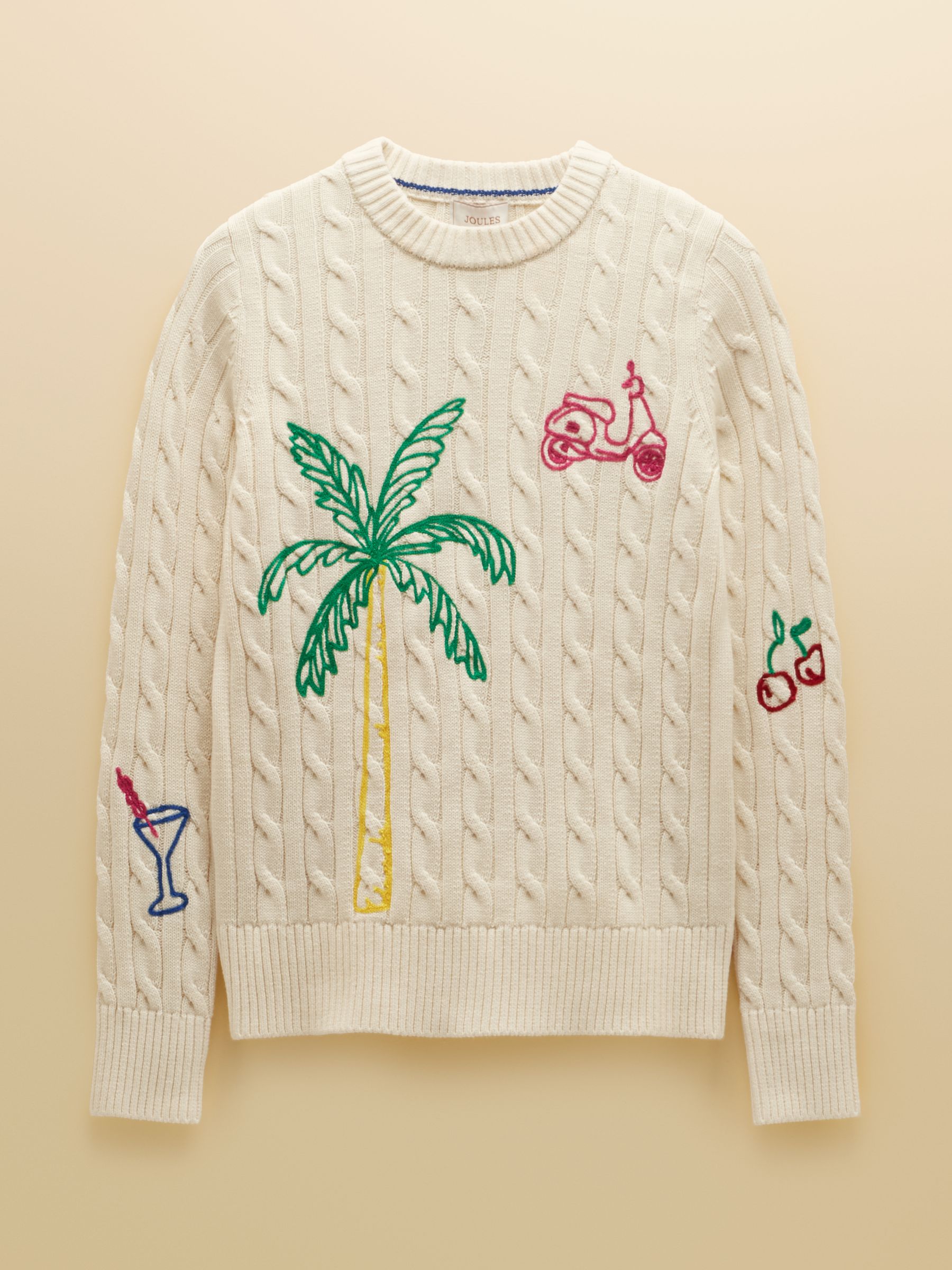 Embroidered Cream Classic Crew Neck Cotton Cable Knit Jumper - Image 8 of 8