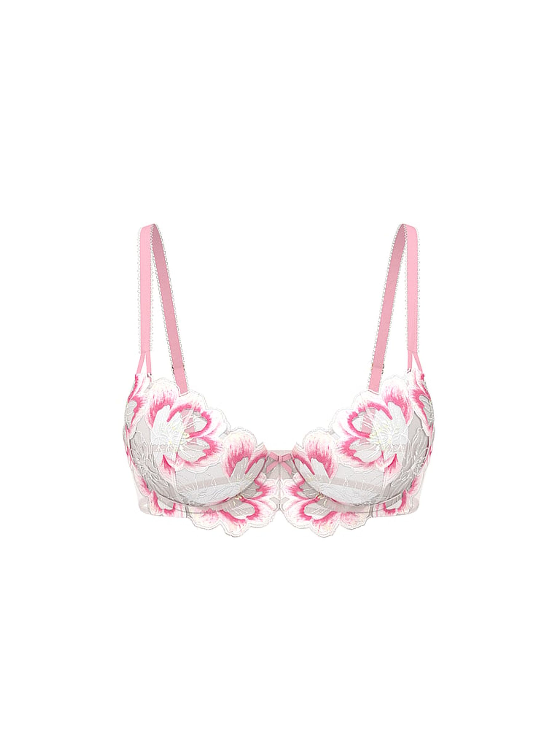 Pink and White Unlined Balcony Peony Embroidery Bra - Image 3 of 3