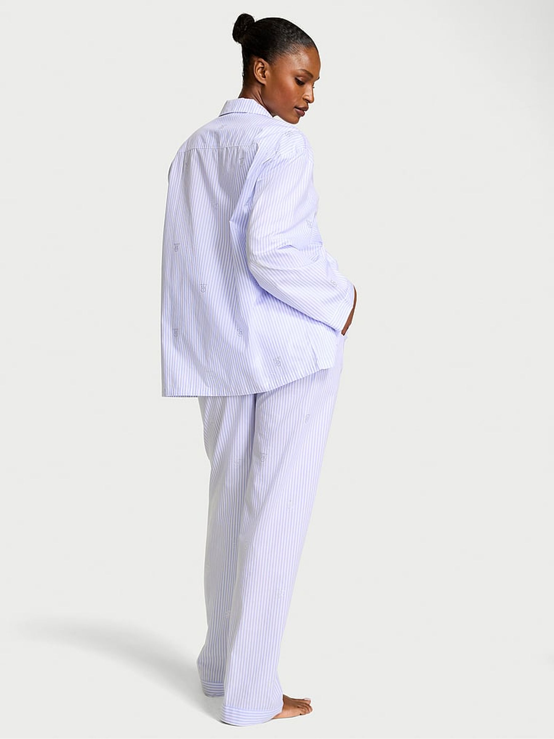 Blue Stripe Oversized Cotton Long Diamante Pyjama Set - Image 2 of 4