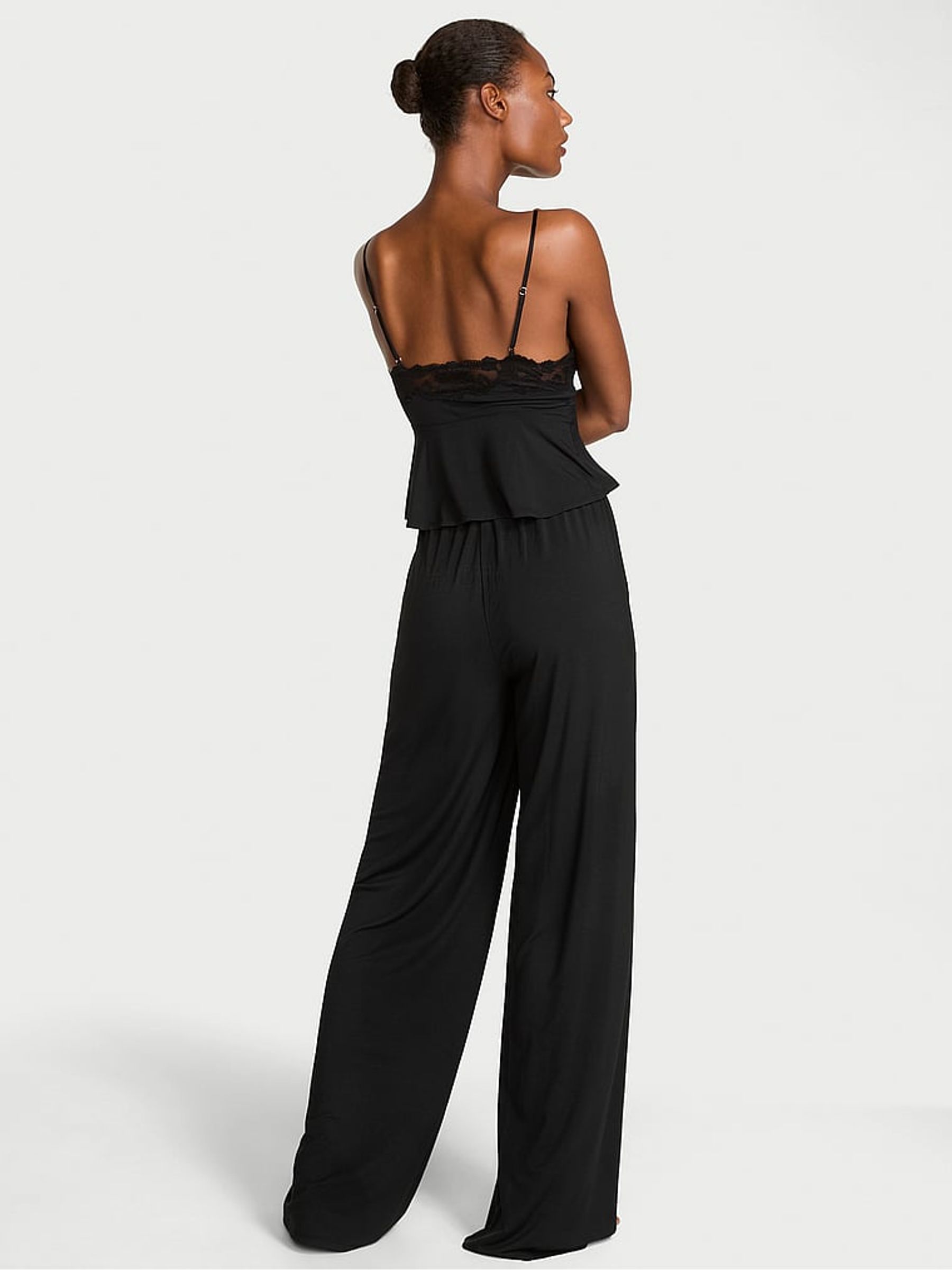 Black Modal Lace Trim Cami & Wide Leg Trouser Set - Image 2 of 4