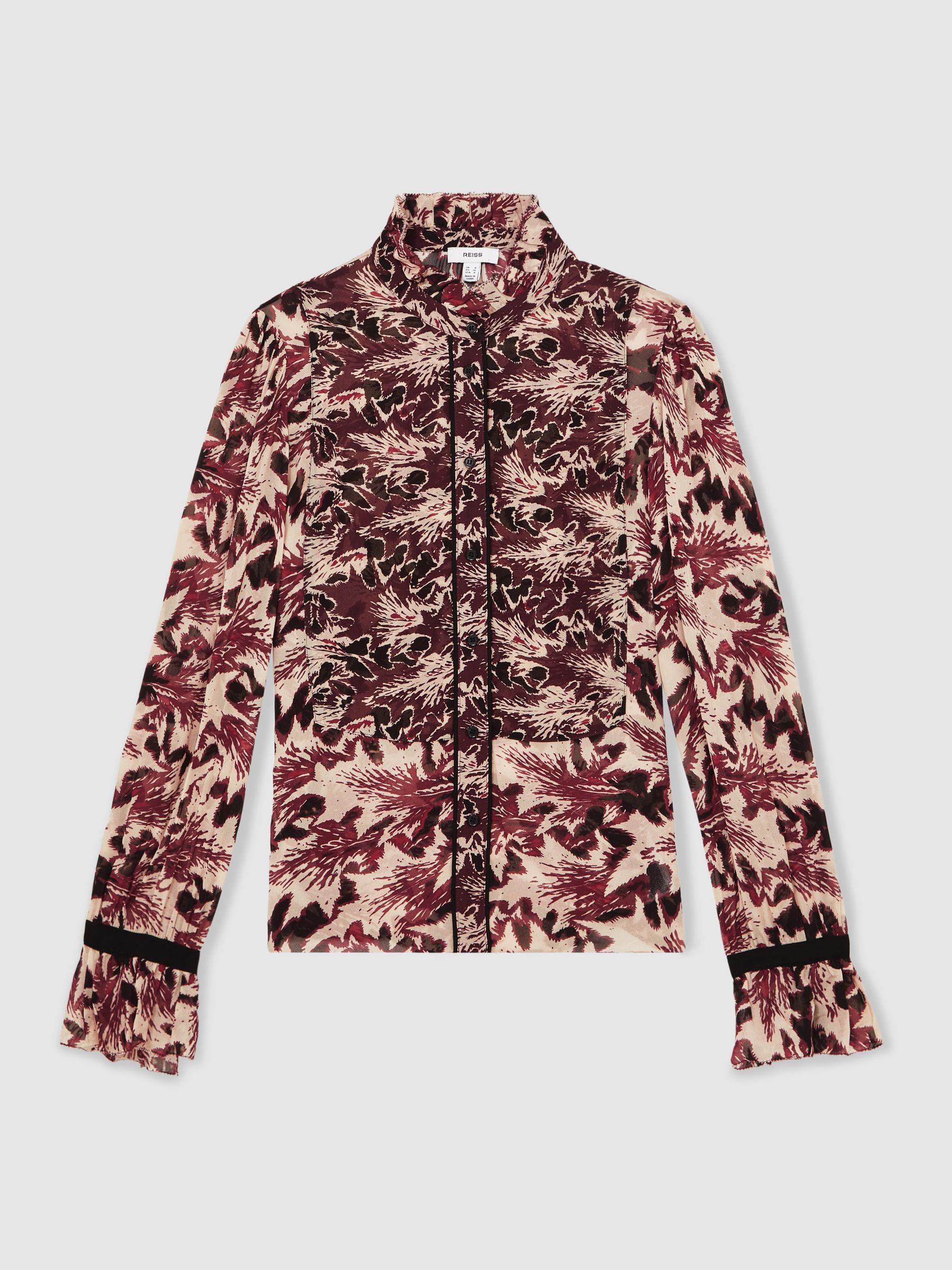 Abstract-Print Ruffle-Neck Shirt in Burgundy/Cream - Image 2 of 6