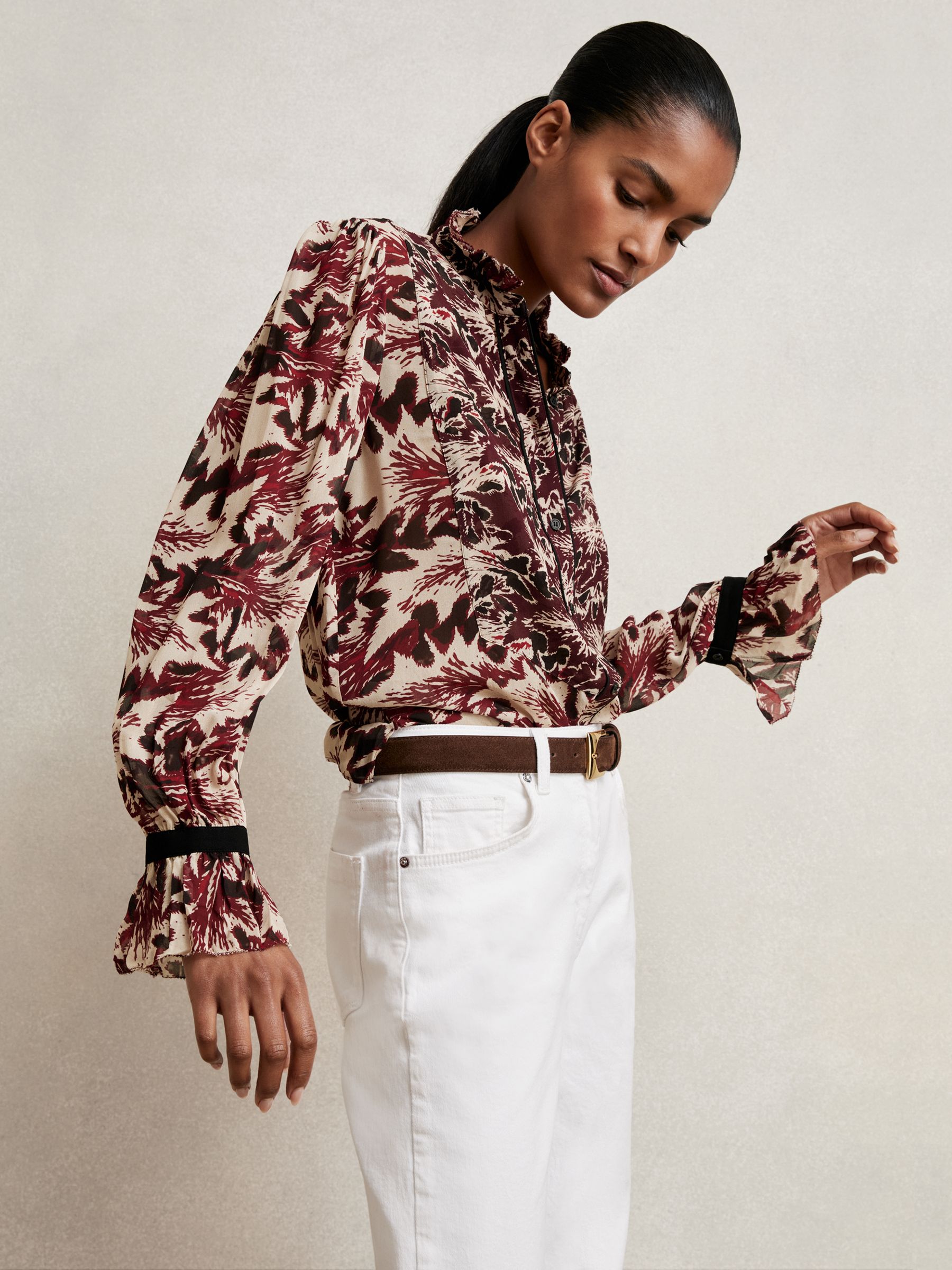 Abstract-Print Ruffle-Neck Shirt in Burgundy/Cream - image 3