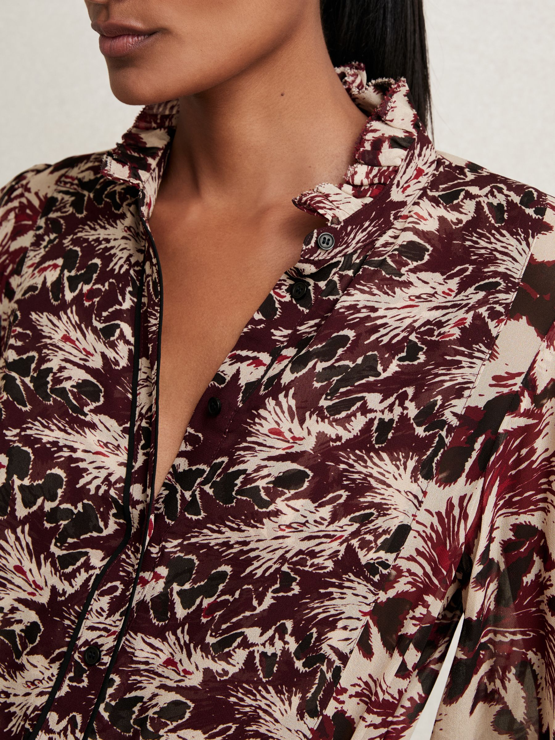 Abstract-Print Ruffle-Neck Shirt in Burgundy/Cream - image 4