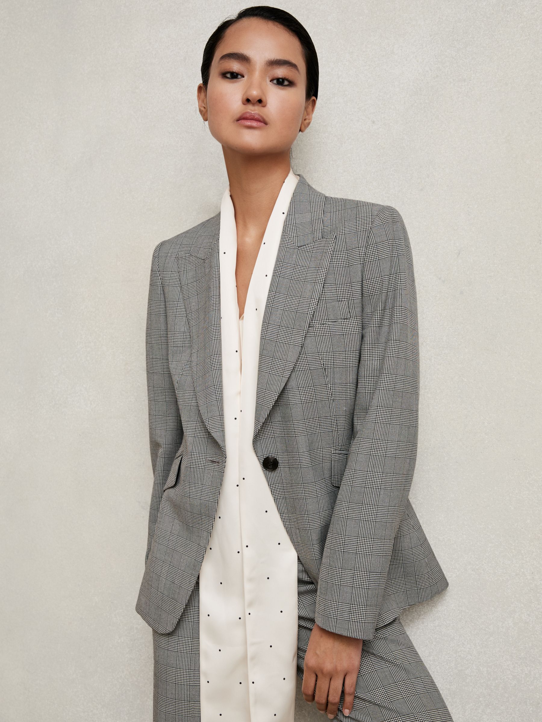 Single-Breasted Check Suit Blazer in Grey - Image 1 of 7