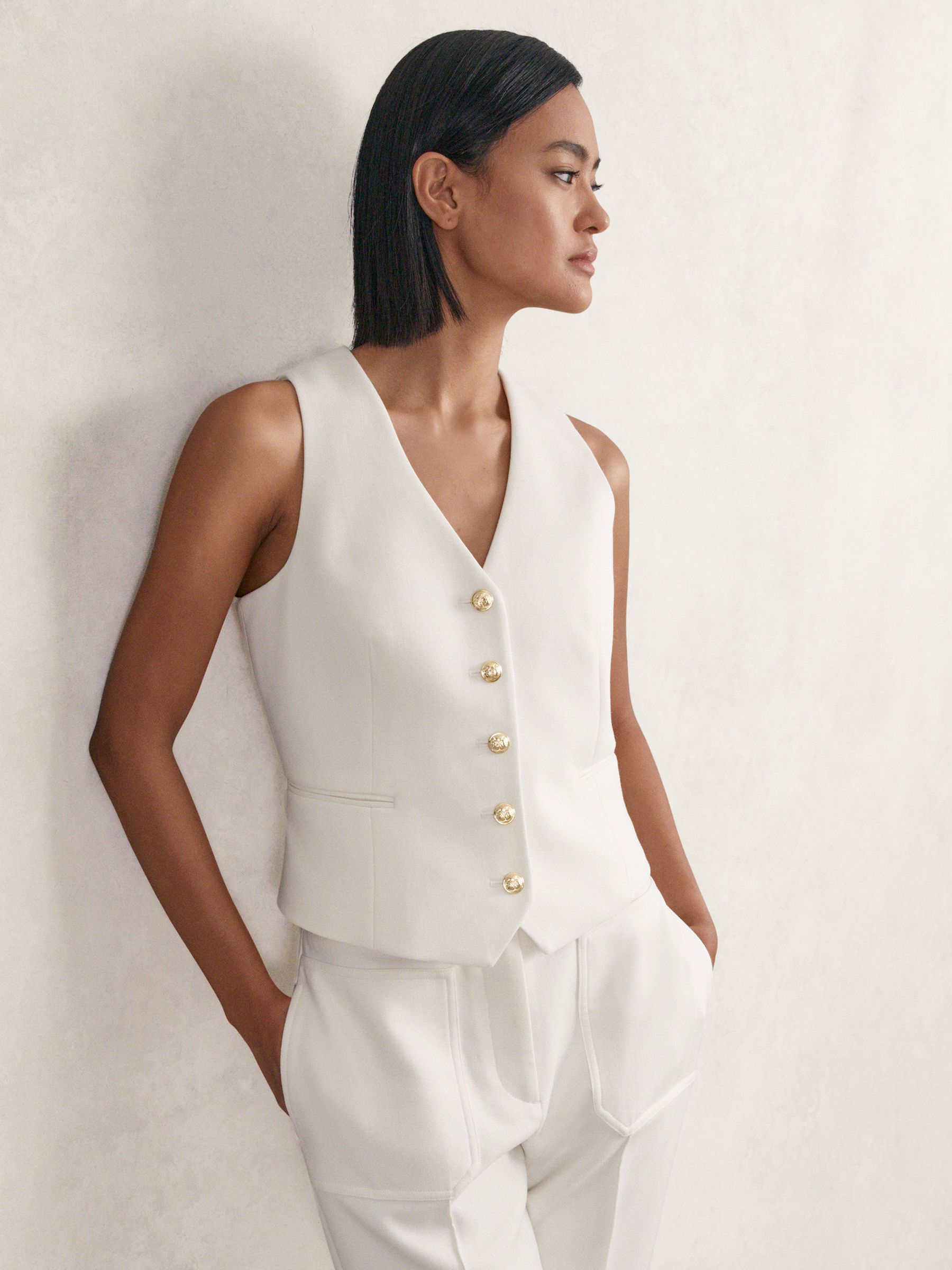 Single-Breasted Twill Waistcoat With Wool in White - Image 1 of 7