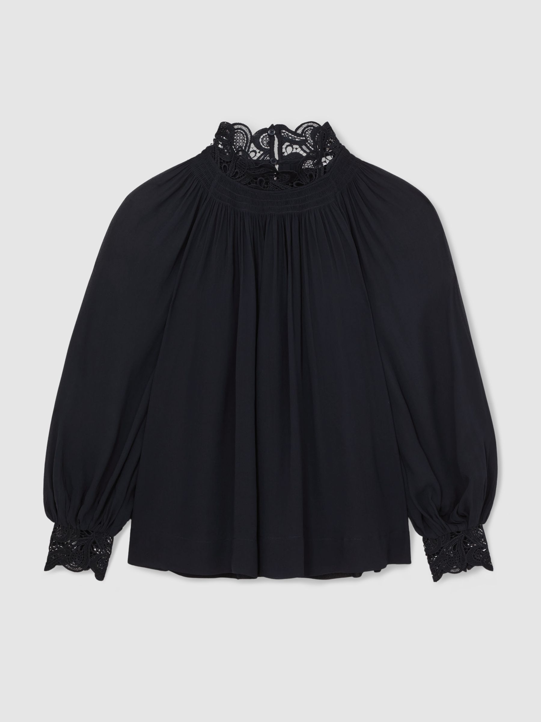 Lace-Trim Draped Chiffon Top in Navy - Image 2 of 5