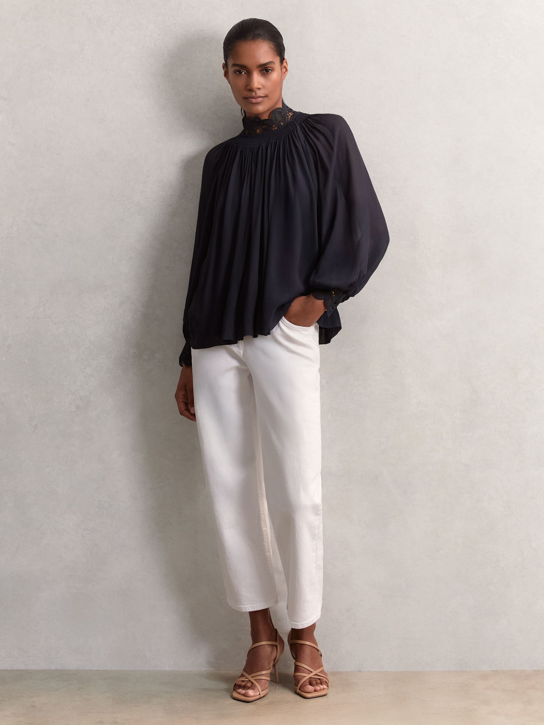 Lace-Trim Draped Chiffon Top in Navy - Image 3 of 5