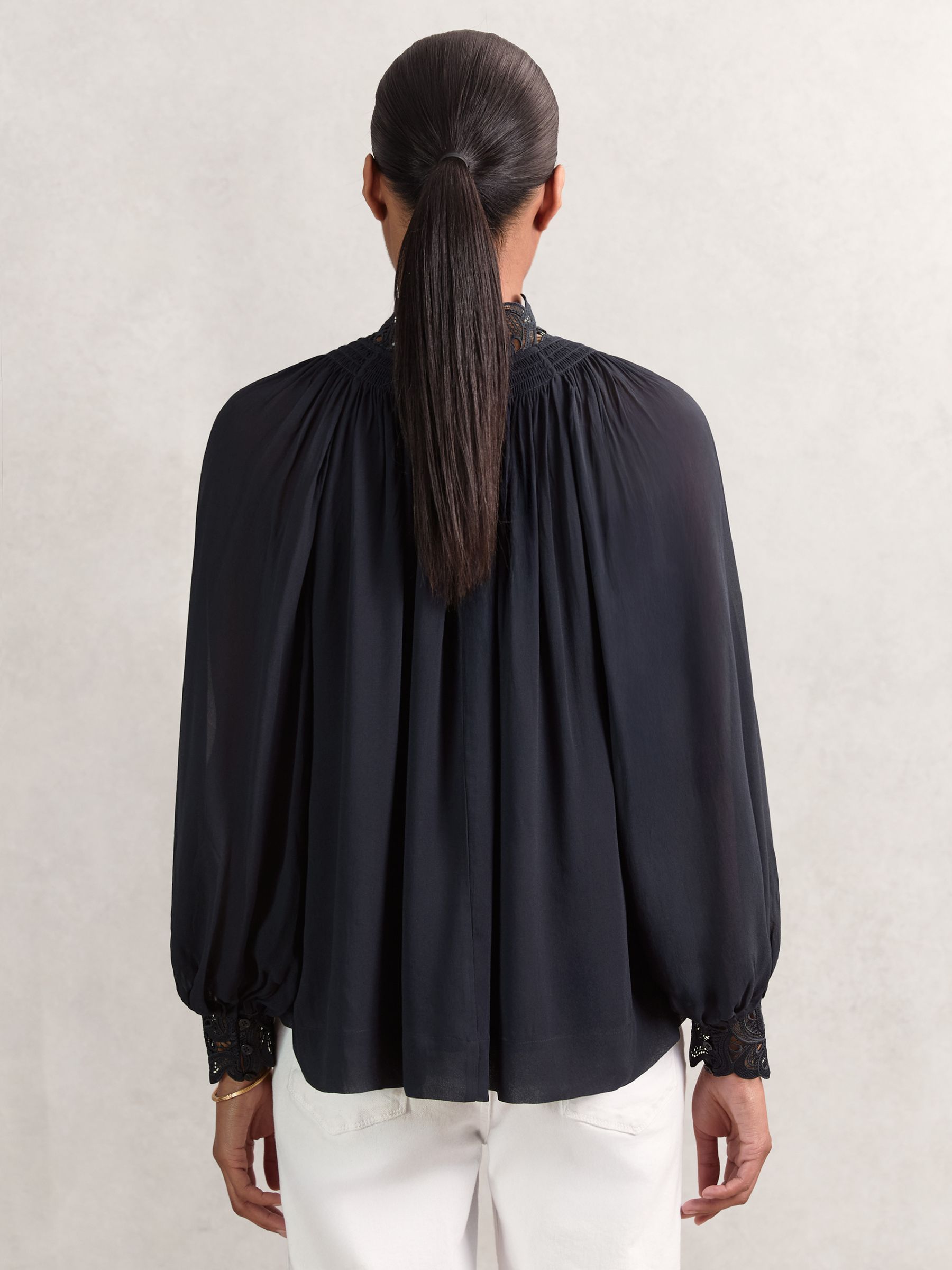 Lace-Trim Draped Chiffon Top in Navy - Image 4 of 5