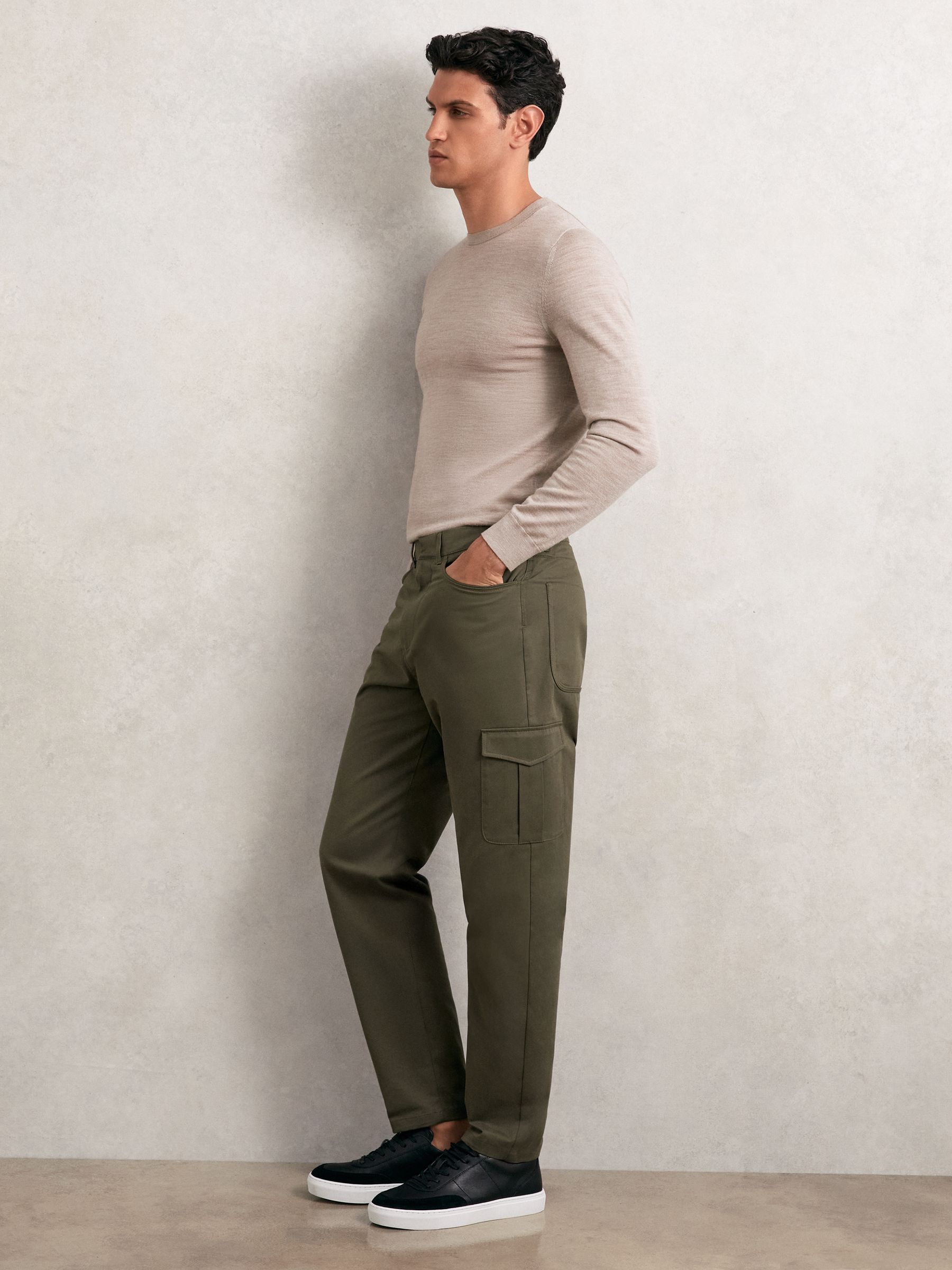 Cotton Tapered Cargo Trousers With Stretch in Olive Green - Image 1 of 5
