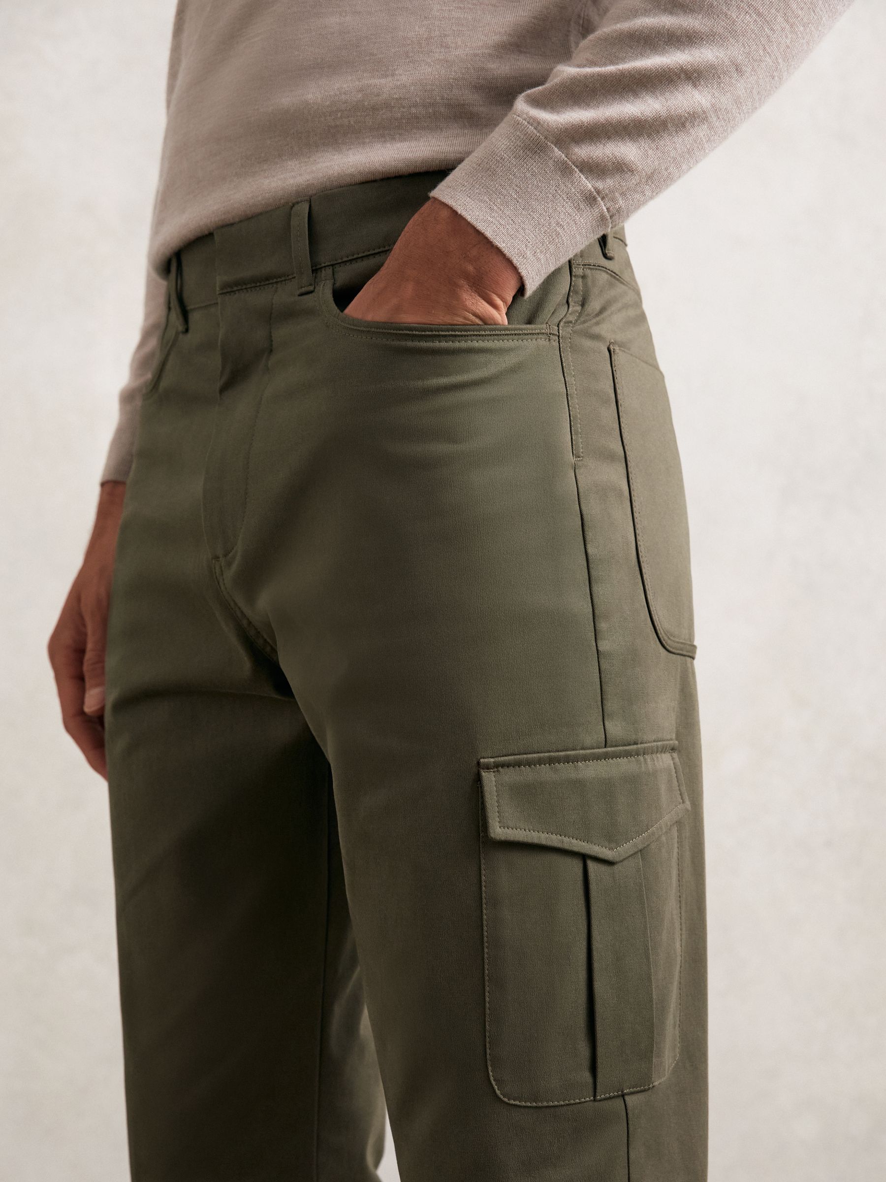 Cotton Tapered Cargo Trousers With Stretch in Olive Green - Image 3 of 5