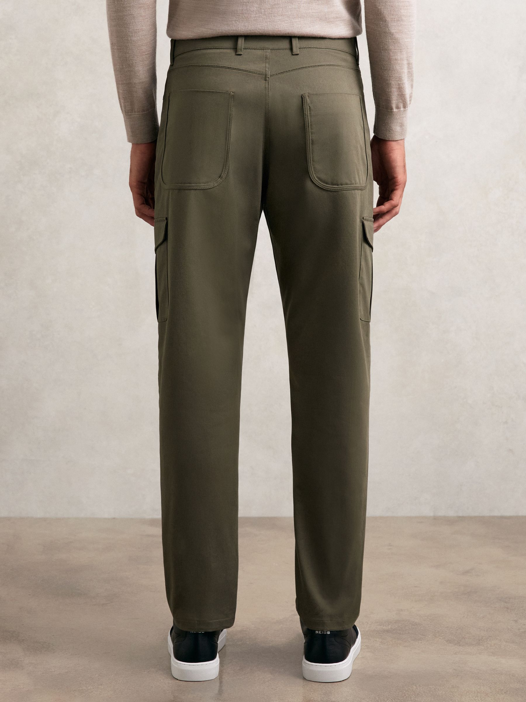 Cotton Tapered Cargo Trousers With Stretch in Olive Green - Image 4 of 5