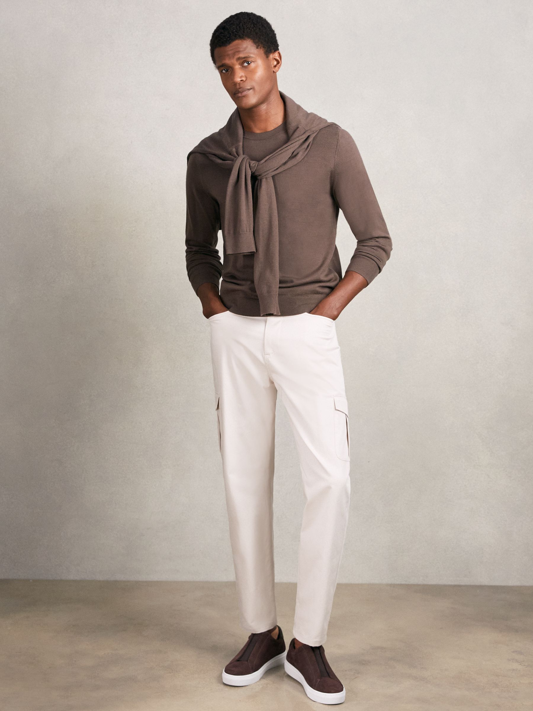 Cotton Tapered Cargo Trousers With Stretch in Stone - Image 3 of 7