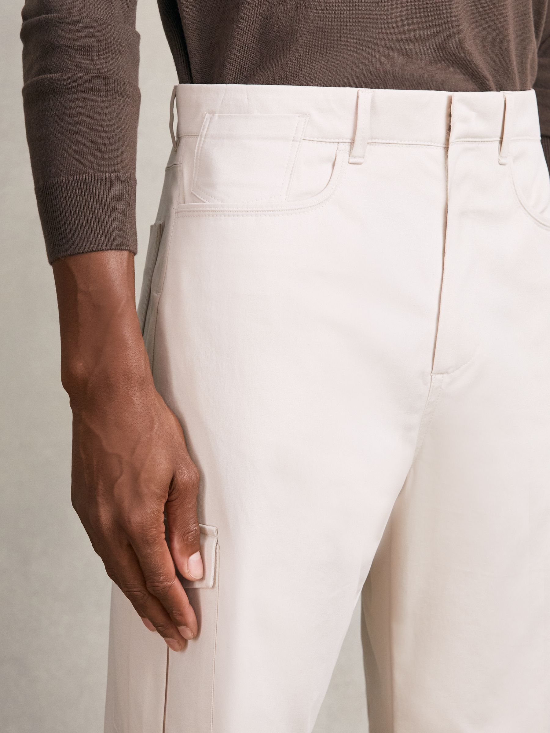 Cotton Tapered Cargo Trousers With Stretch in Stone - Image 5 of 7