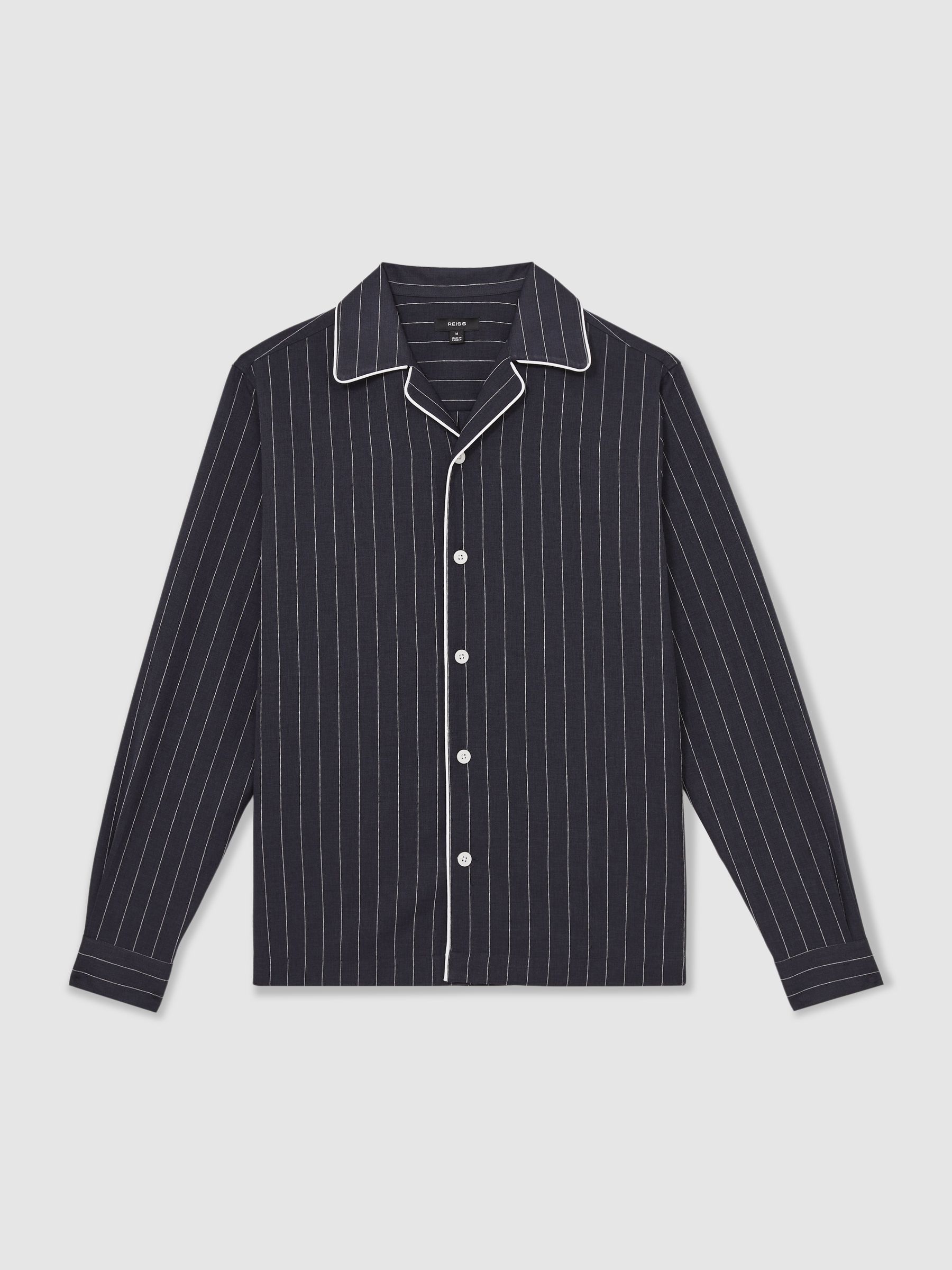 Pinstripe Cuban-Collar Piped Shirt in Navy/White - Image 2 of 5