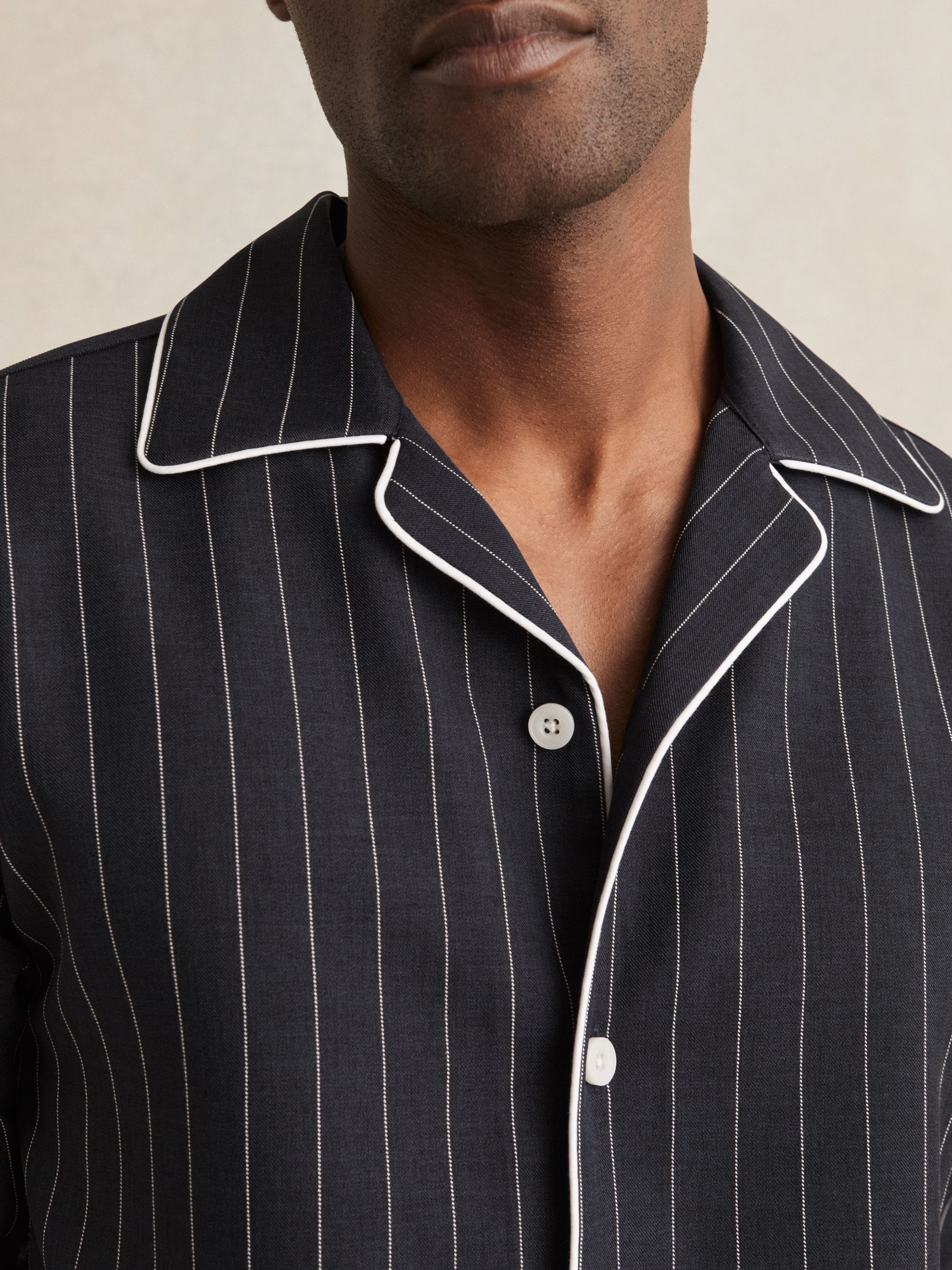 Pinstripe Cuban-Collar Piped Shirt in Navy/White - Image 3 of 5
