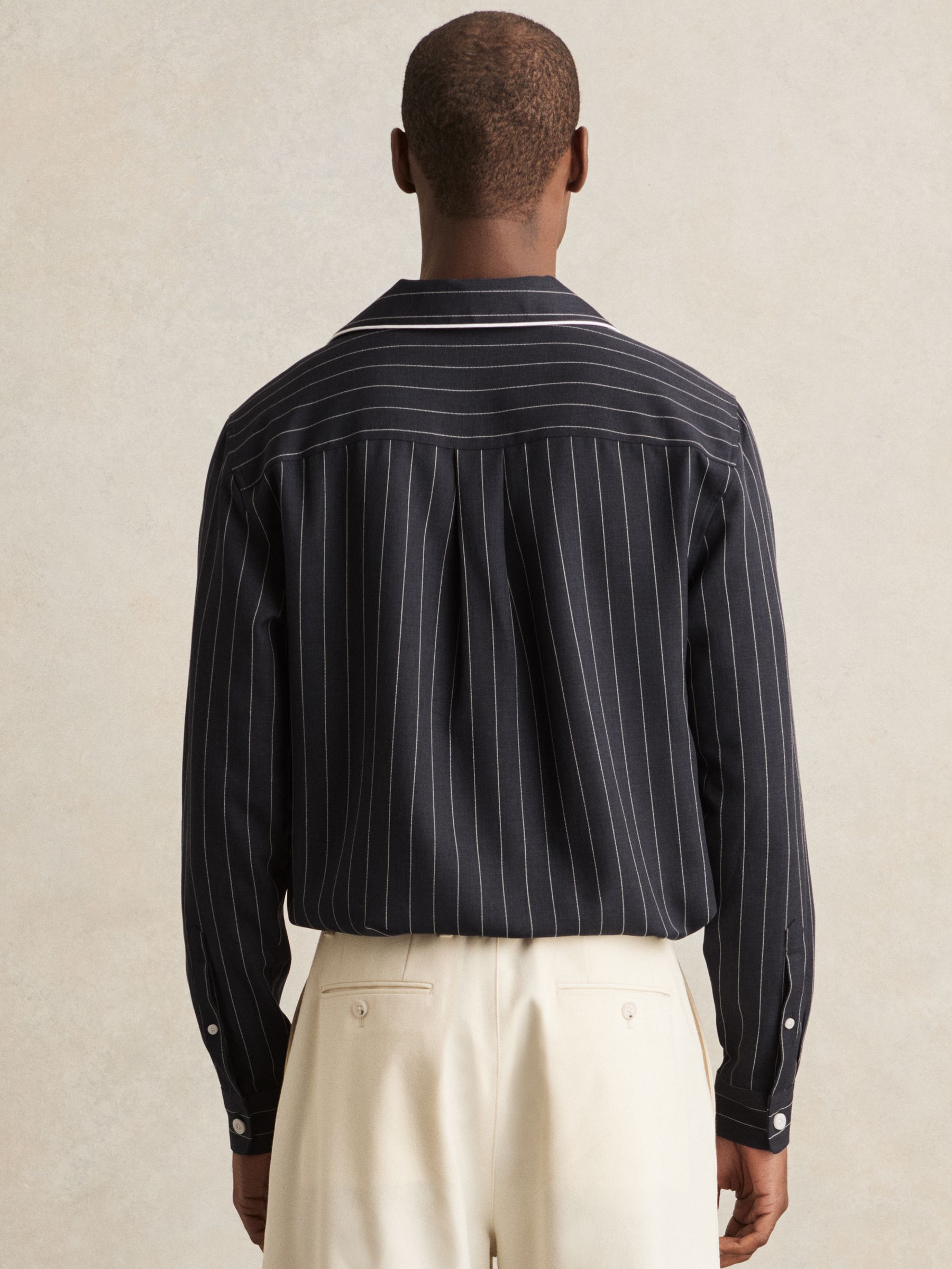 Pinstripe Cuban-Collar Piped Shirt in Navy/White - Image 4 of 5