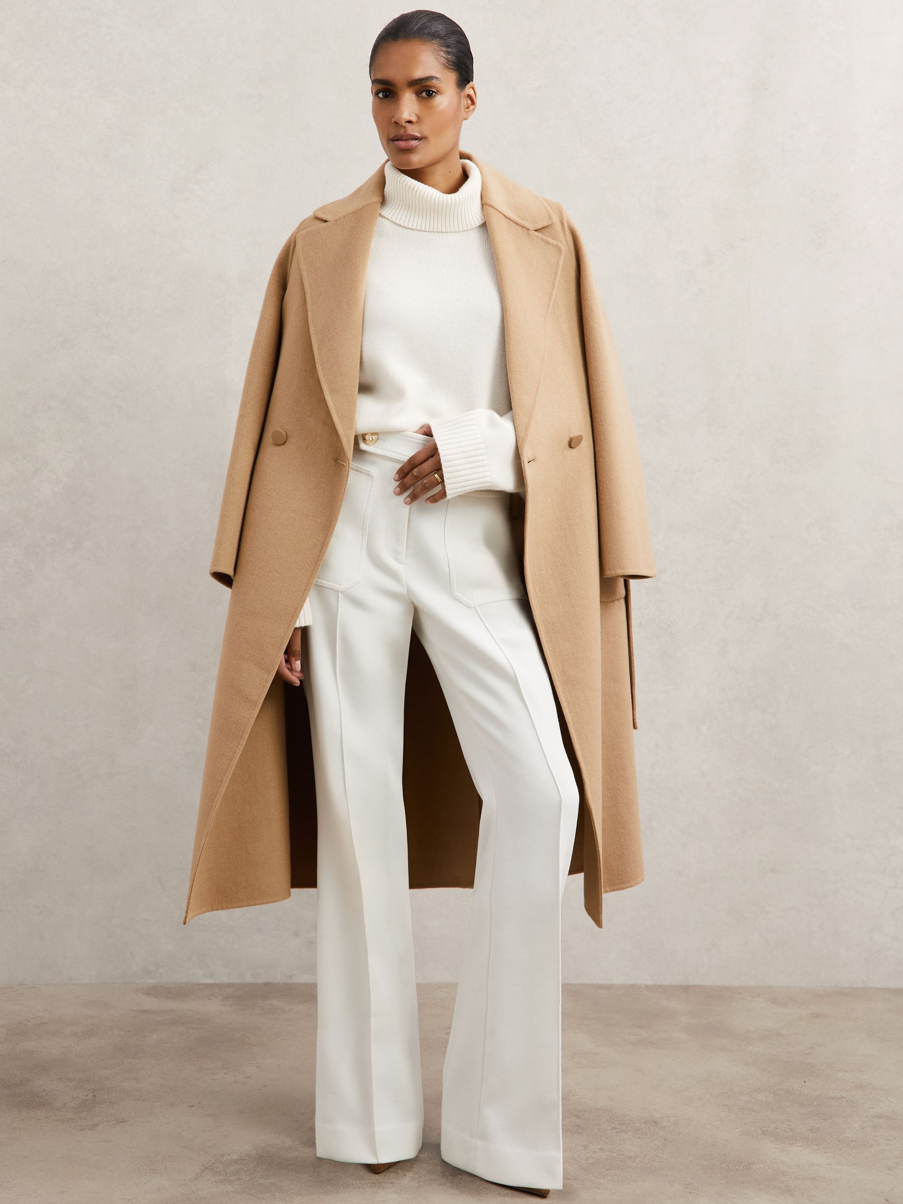 Petite Twill Button-Tab Flared Trousers With Wool in White - image 4