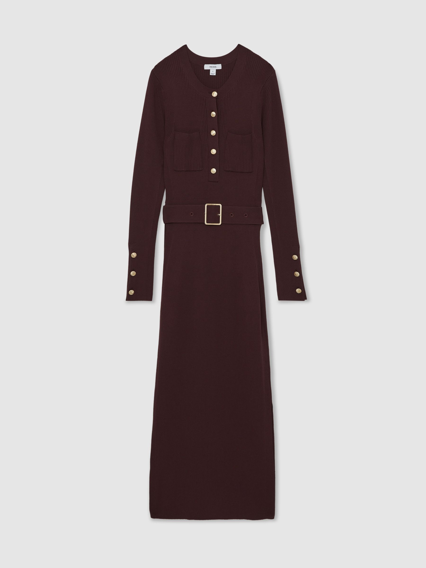 Buttoned Rib-Knit Midi Dress in Burgundy - Image 2 of 6