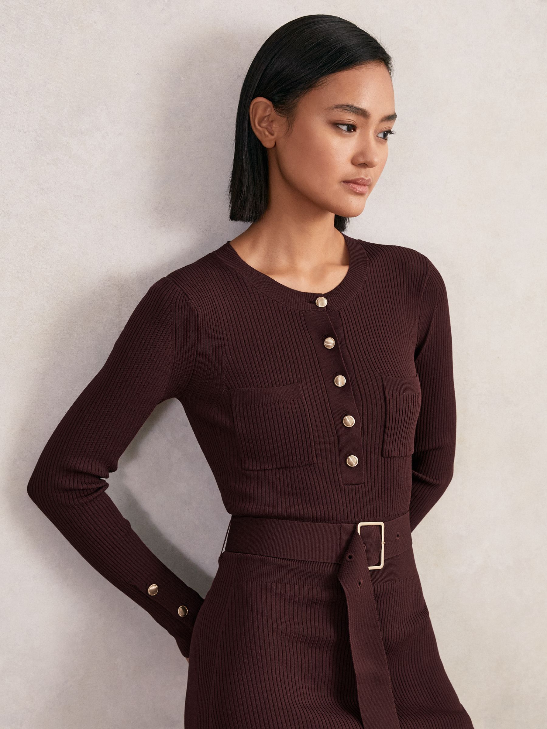 Buttoned Rib-Knit Midi Dress in Burgundy - Image 3 of 6