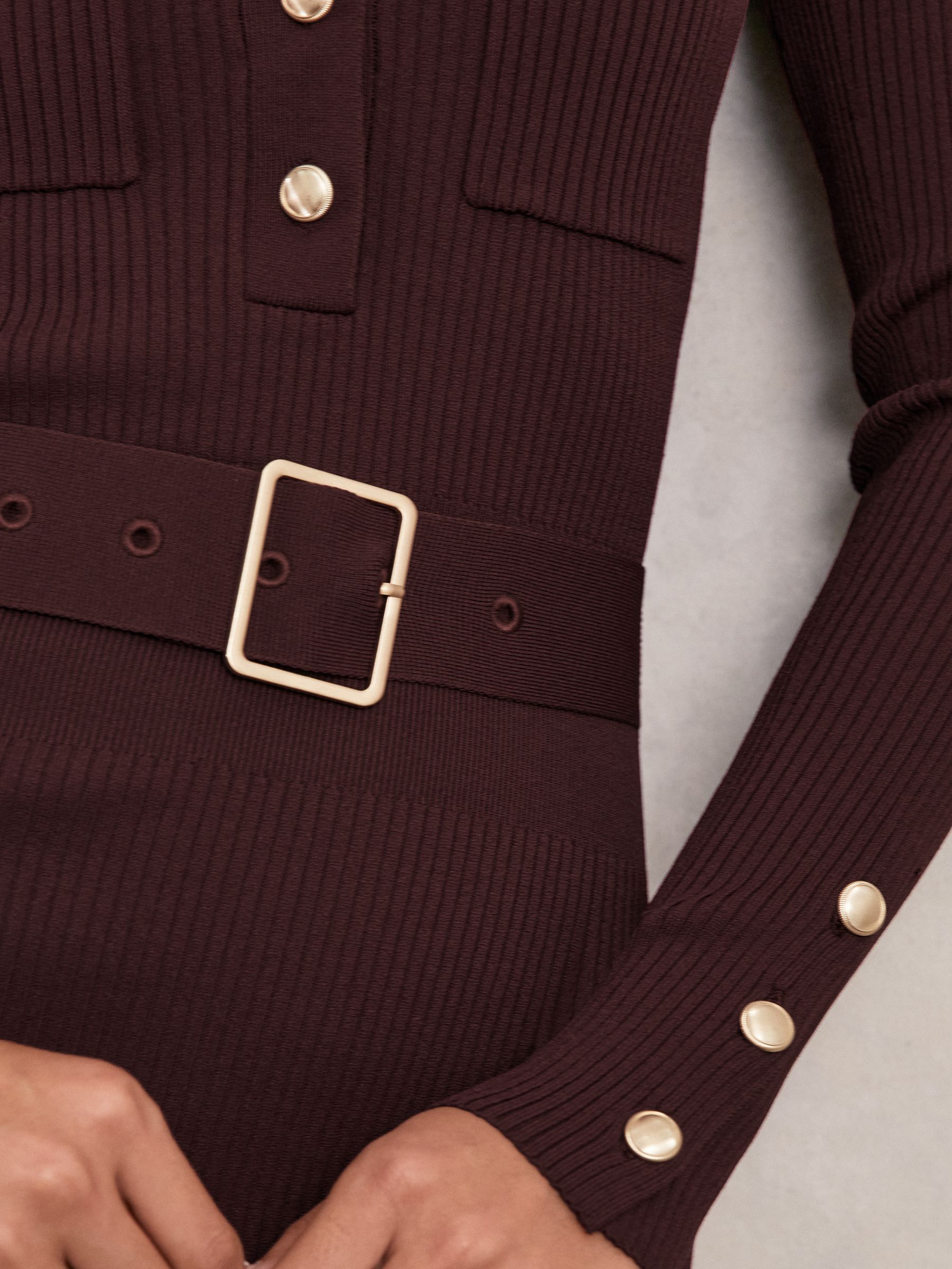 Buttoned Rib-Knit Midi Dress in Burgundy - Image 4 of 6